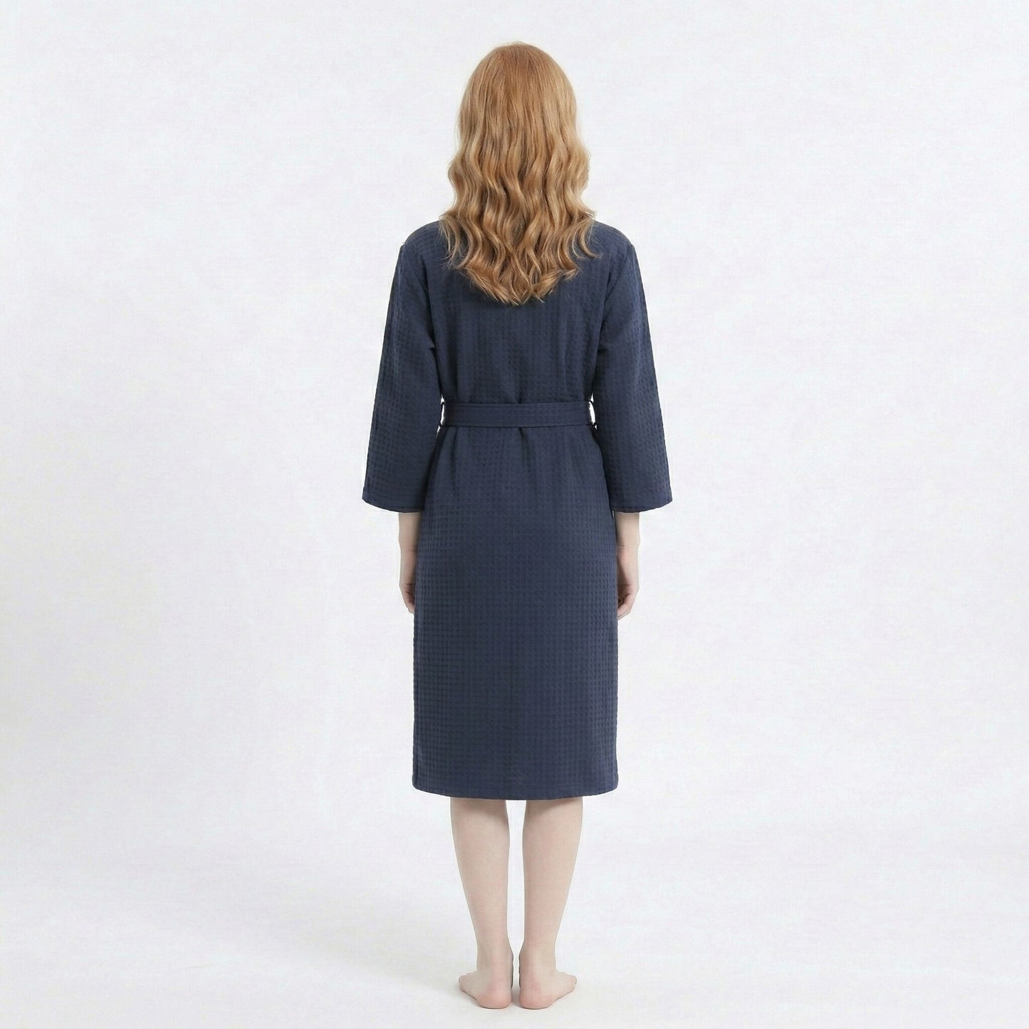 Textured Knit Wrap Bathrobe with Three Quarter Sleeves Adjustable Waist Tie