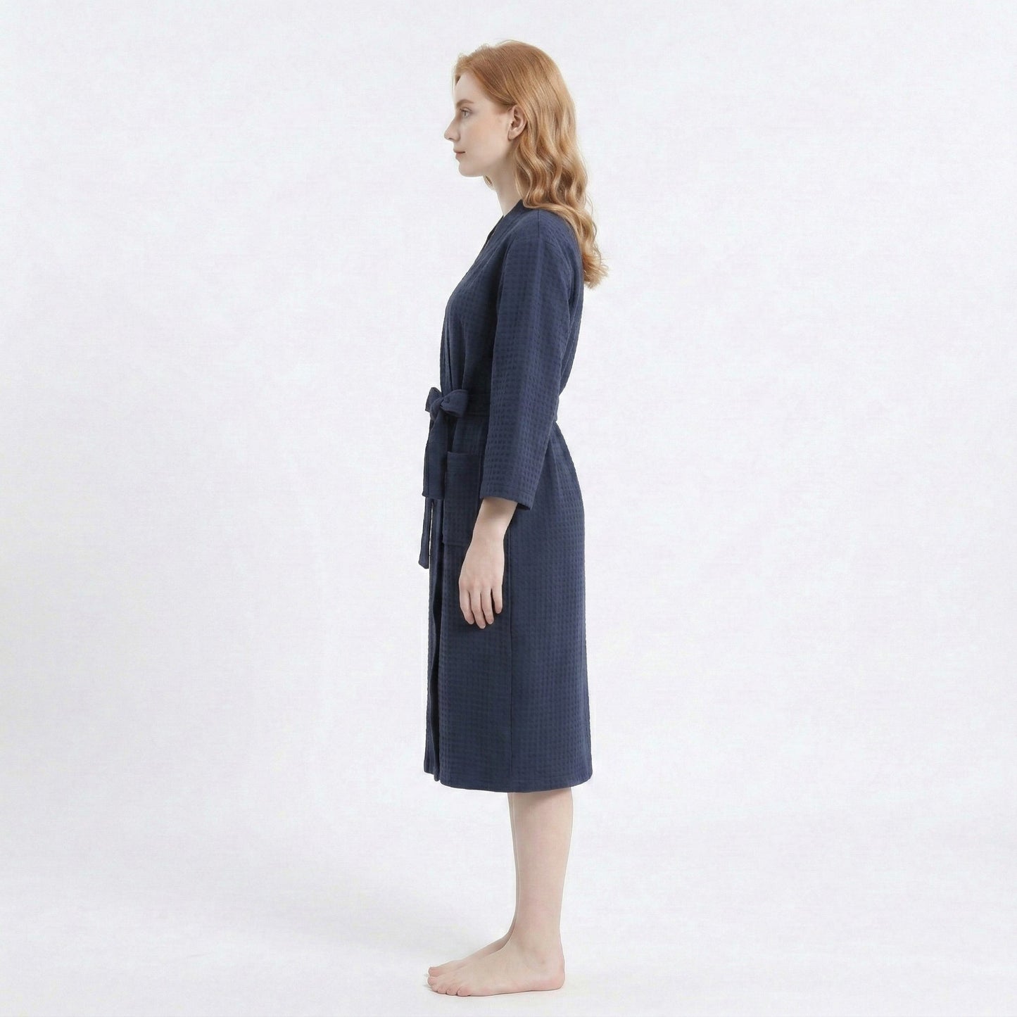Textured Knit Wrap Bathrobe with Three Quarter Sleeves Adjustable Waist Tie