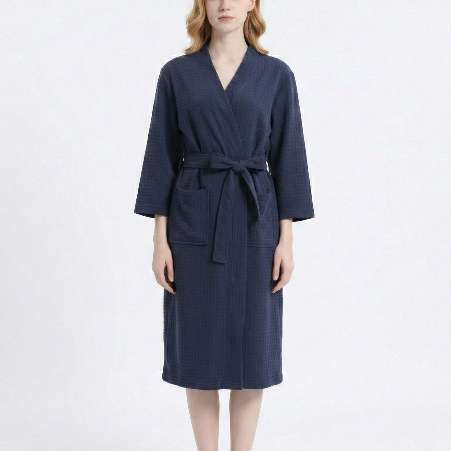 Textured Knit Wrap Bathrobe with Three Quarter Sleeves Adjustable Waist Tie