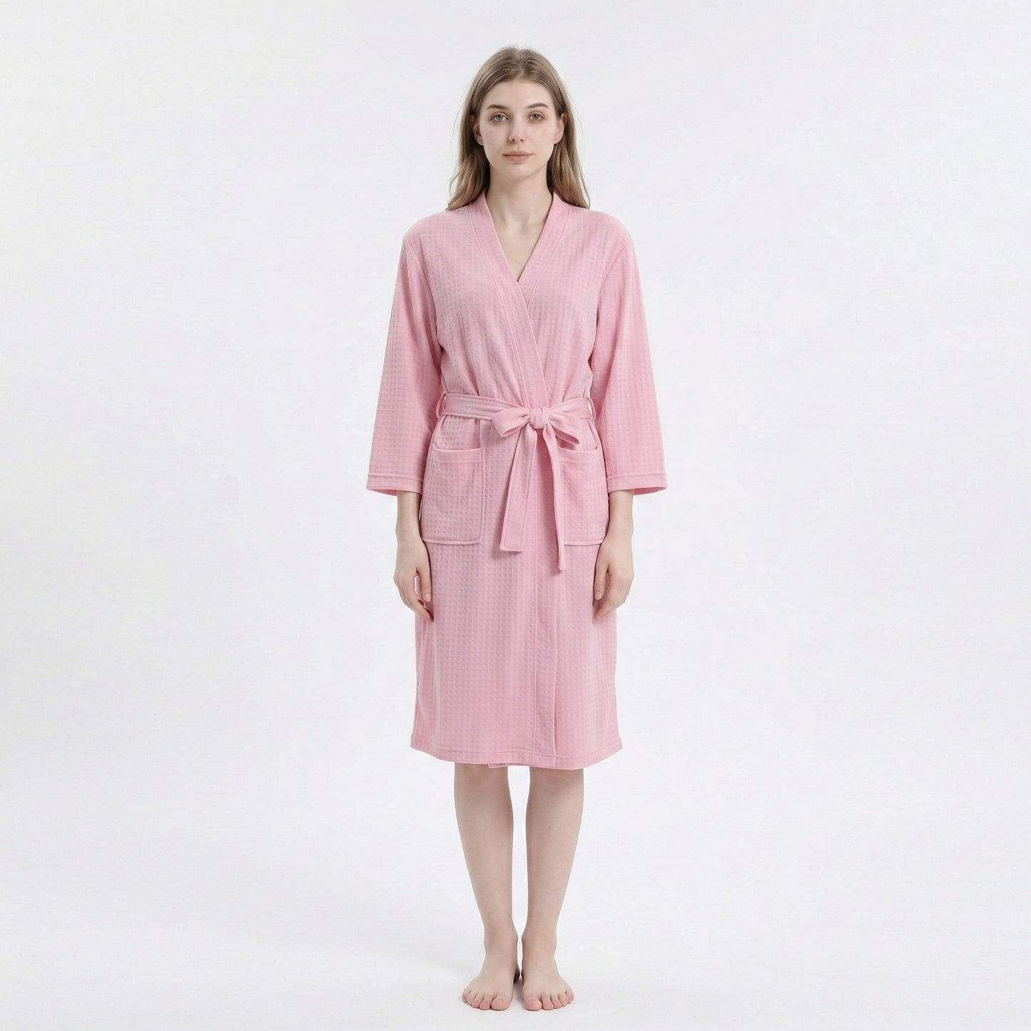 Textured Knit Wrap Bathrobe with Three Quarter Sleeves Adjustable Waist Tie
