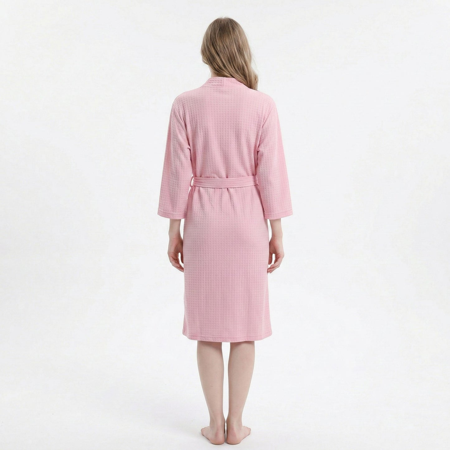 Textured Knit Wrap Bathrobe with Three Quarter Sleeves Adjustable Waist Tie
