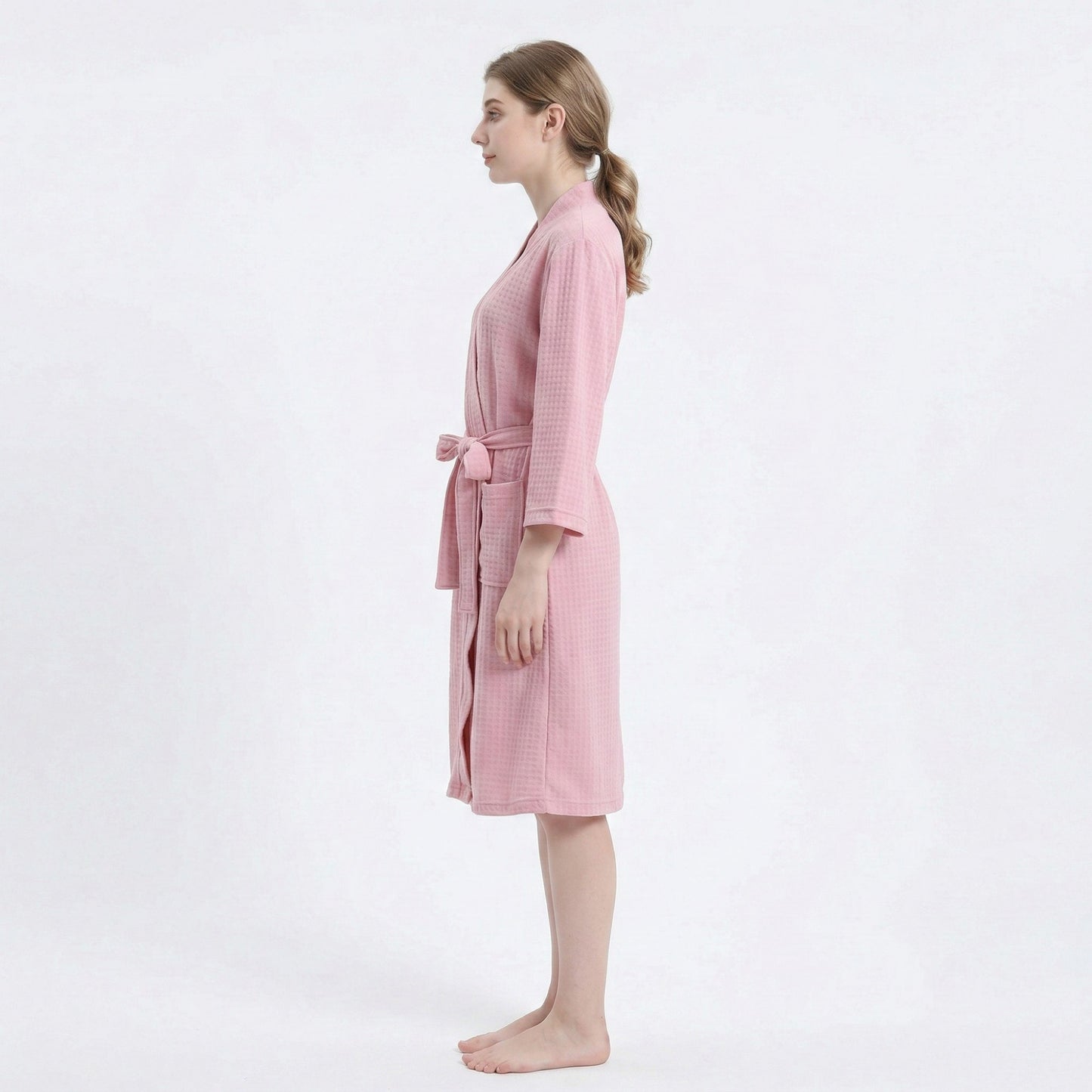 Textured Knit Wrap Bathrobe with Three Quarter Sleeves Adjustable Waist Tie