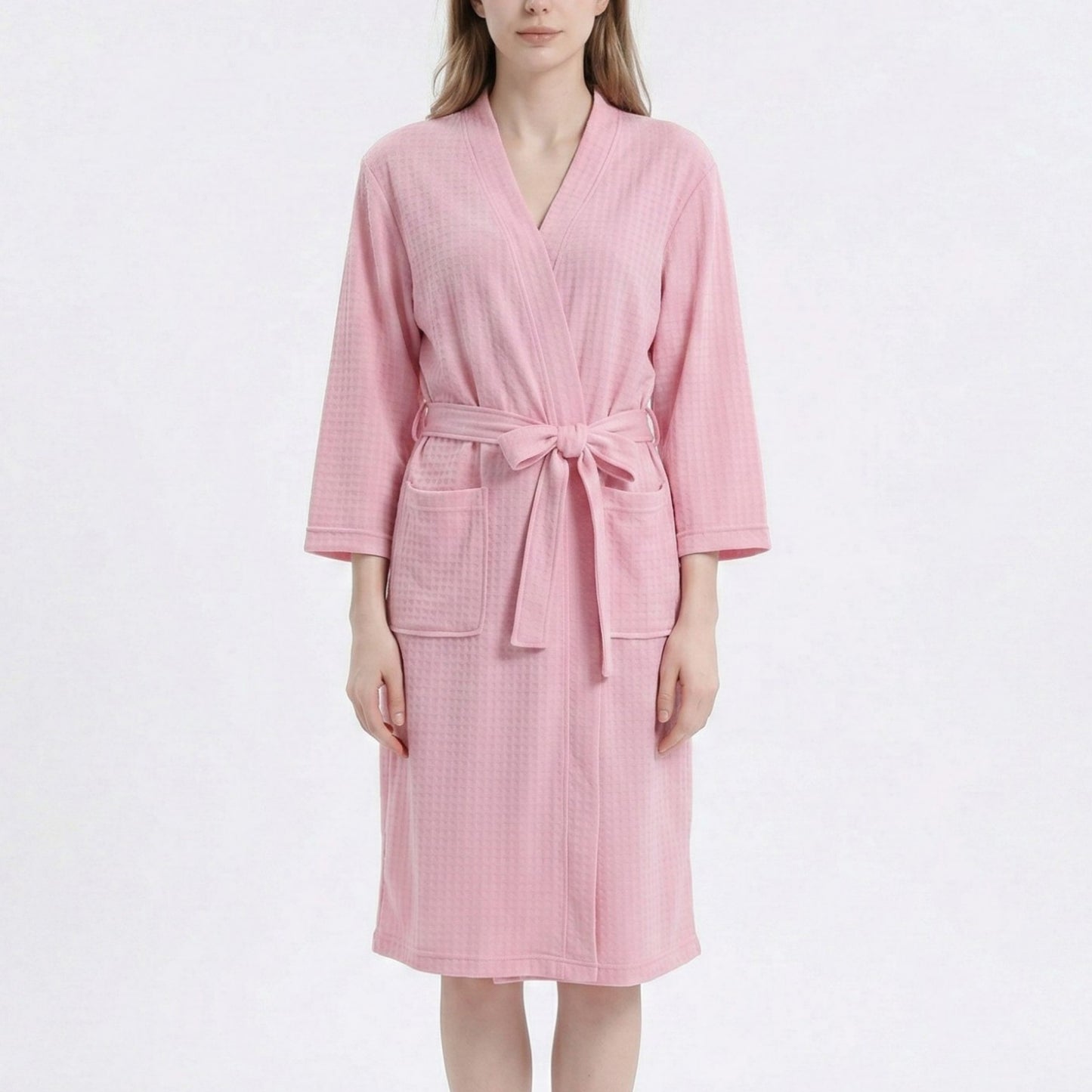Textured Knit Wrap Bathrobe with Three Quarter Sleeves Adjustable Waist Tie