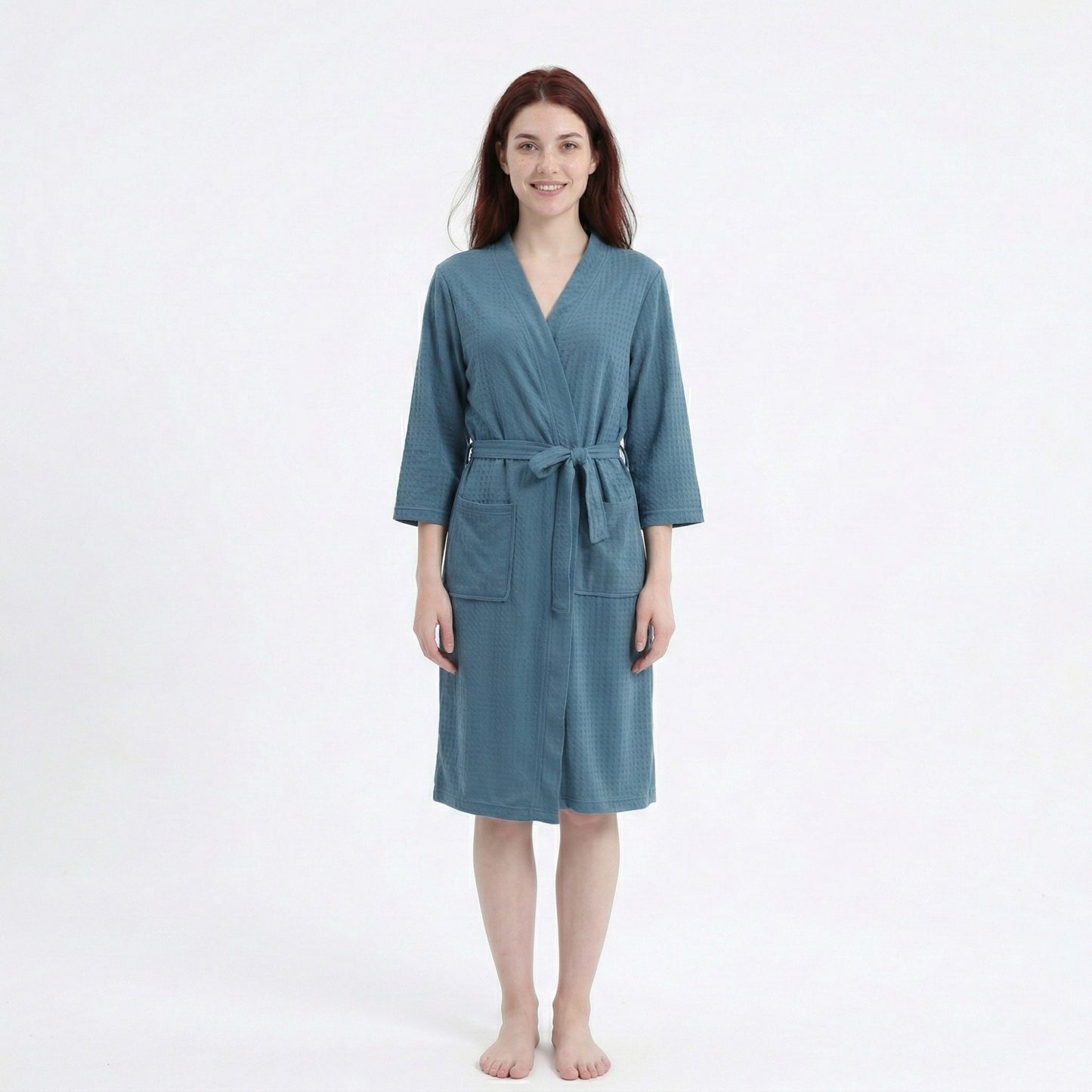 Textured Knit Wrap Bathrobe with Three Quarter Sleeves Adjustable Waist Tie