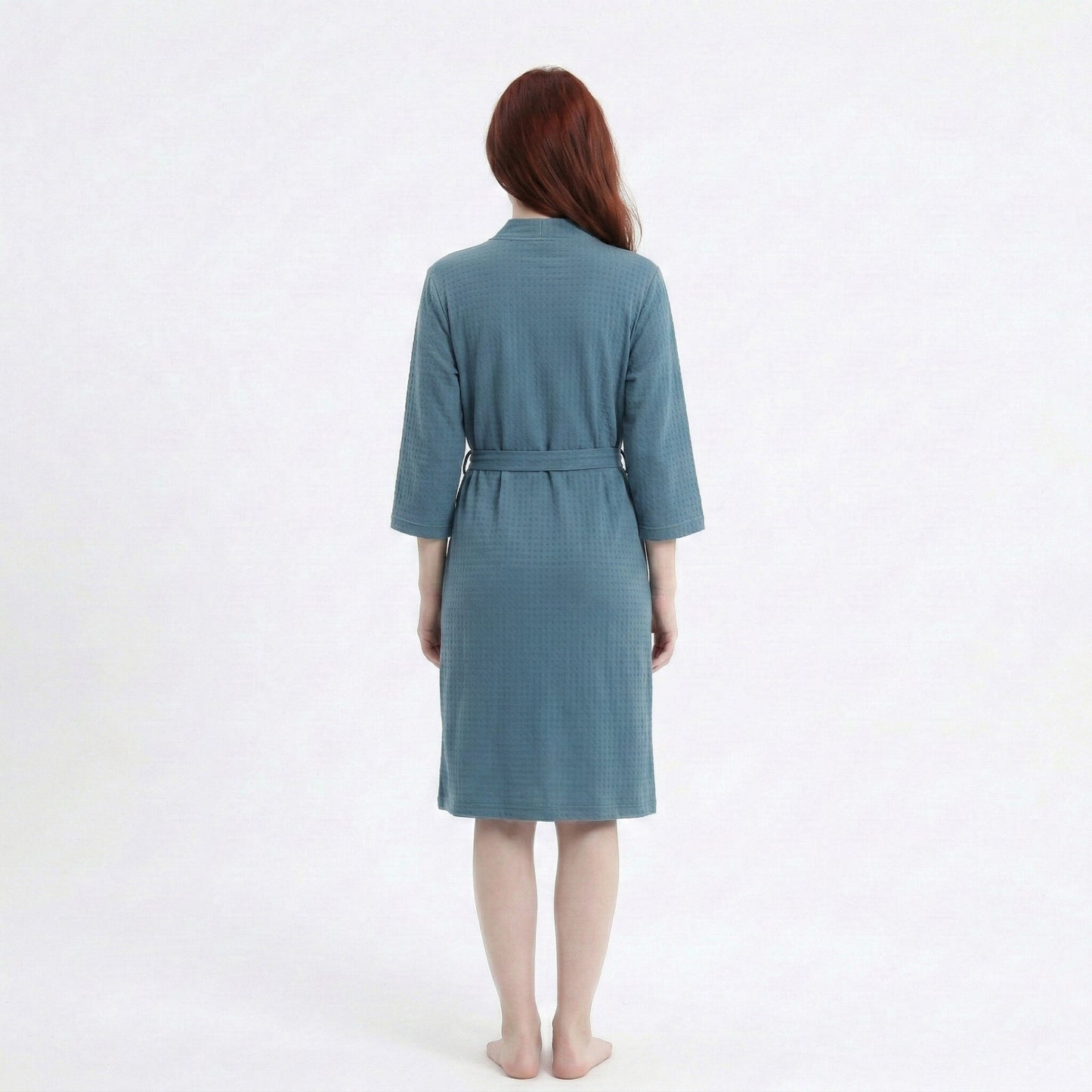 Textured Knit Wrap Bathrobe with Three Quarter Sleeves Adjustable Waist Tie