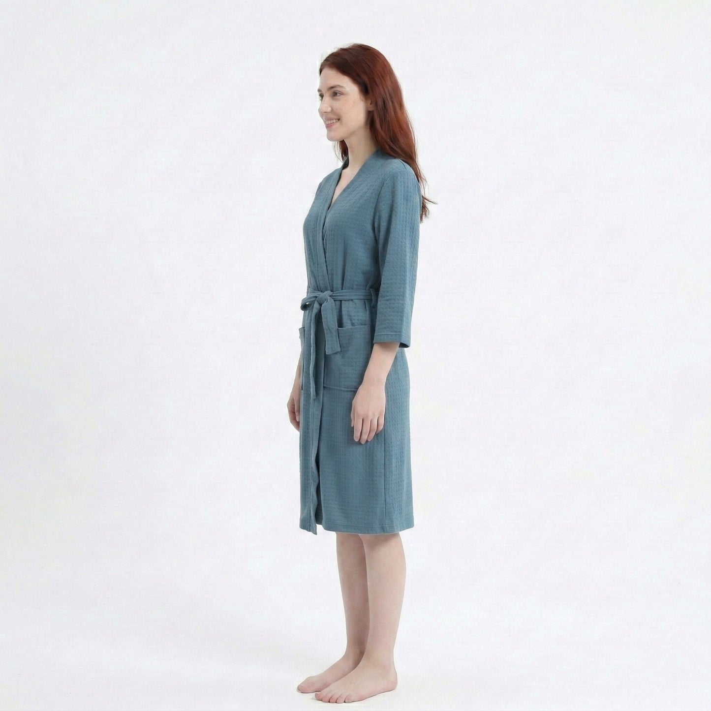 Textured Knit Wrap Bathrobe with Three Quarter Sleeves Adjustable Waist Tie