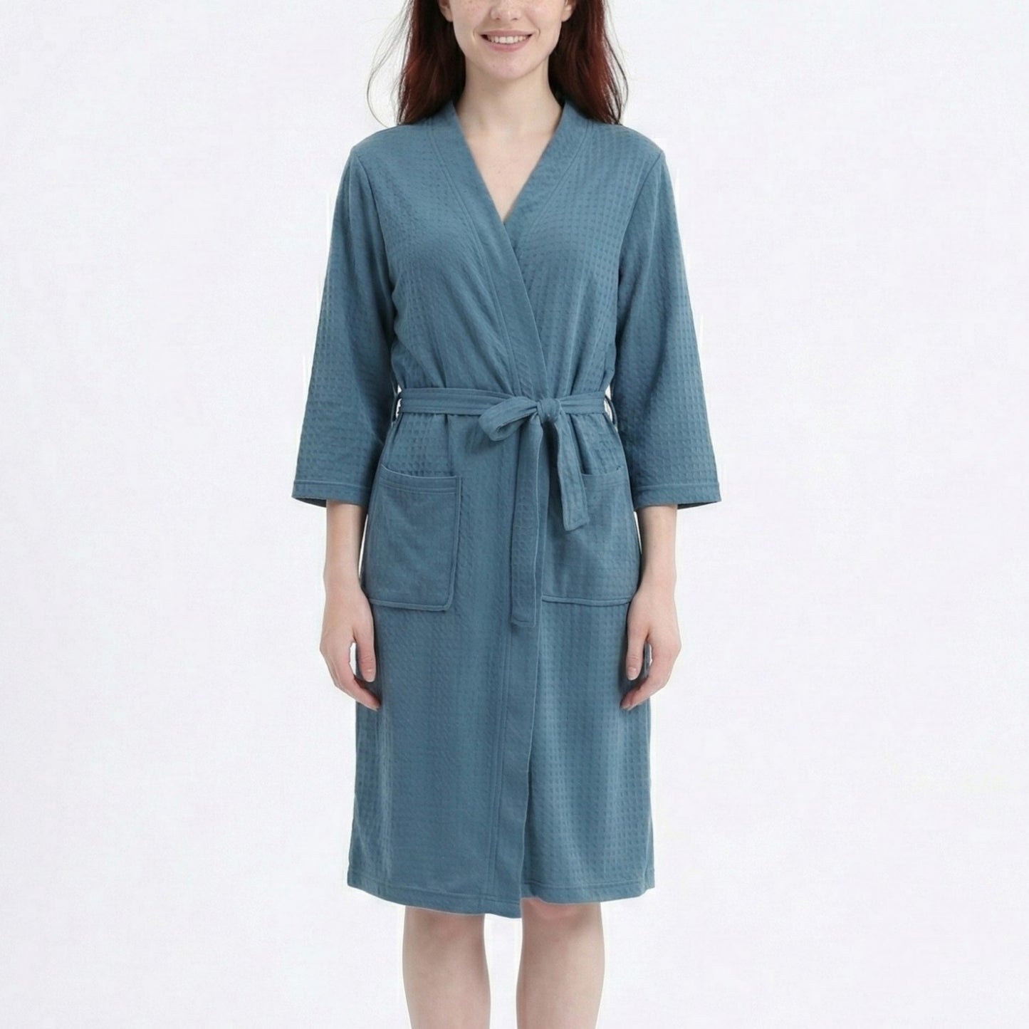 Textured Knit Wrap Bathrobe with Three Quarter Sleeves Adjustable Waist Tie