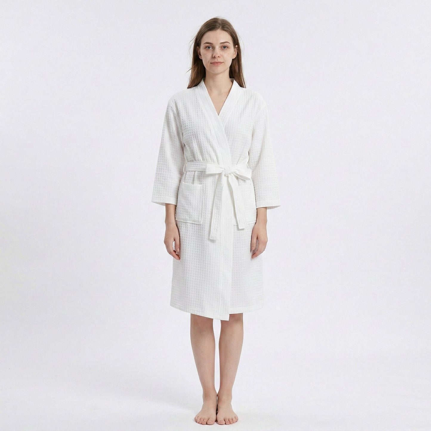 Textured Knit Wrap Bathrobe with Three Quarter Sleeves Adjustable Waist Tie