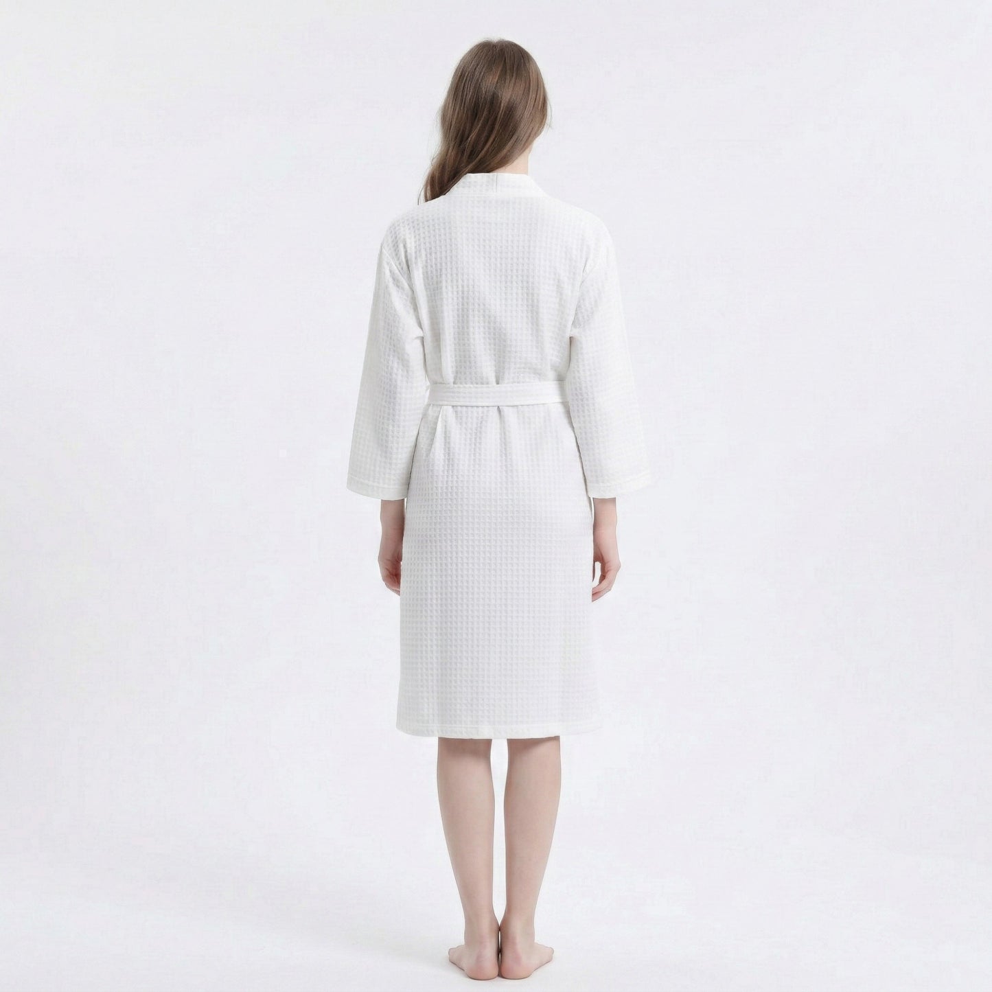 Textured Knit Wrap Bathrobe with Three Quarter Sleeves Adjustable Waist Tie