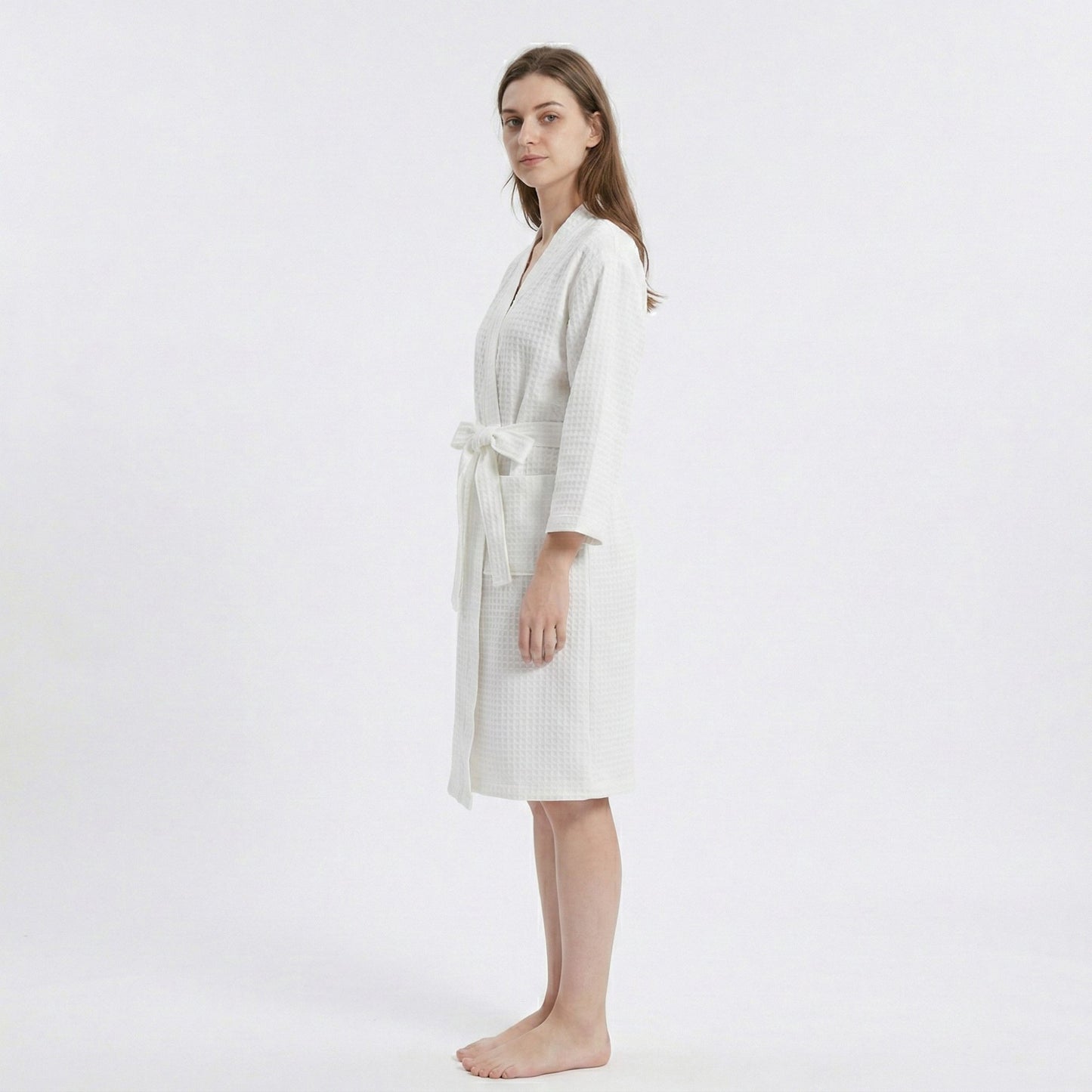 Textured Knit Wrap Bathrobe with Three Quarter Sleeves Adjustable Waist Tie