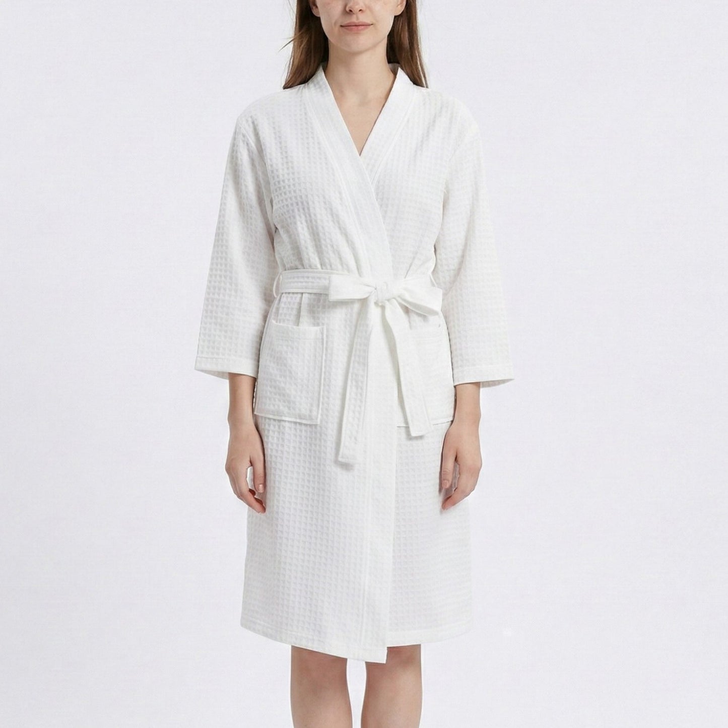 Textured Knit Wrap Bathrobe with Three Quarter Sleeves Adjustable Waist Tie