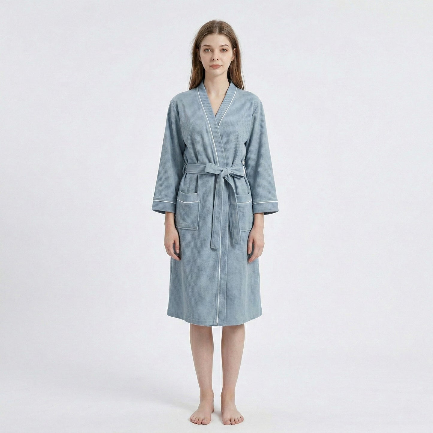 Waffle Knit Long Sleeve Bathrobe with Adjustable Waist Tie Belt and Front Patch Pockets