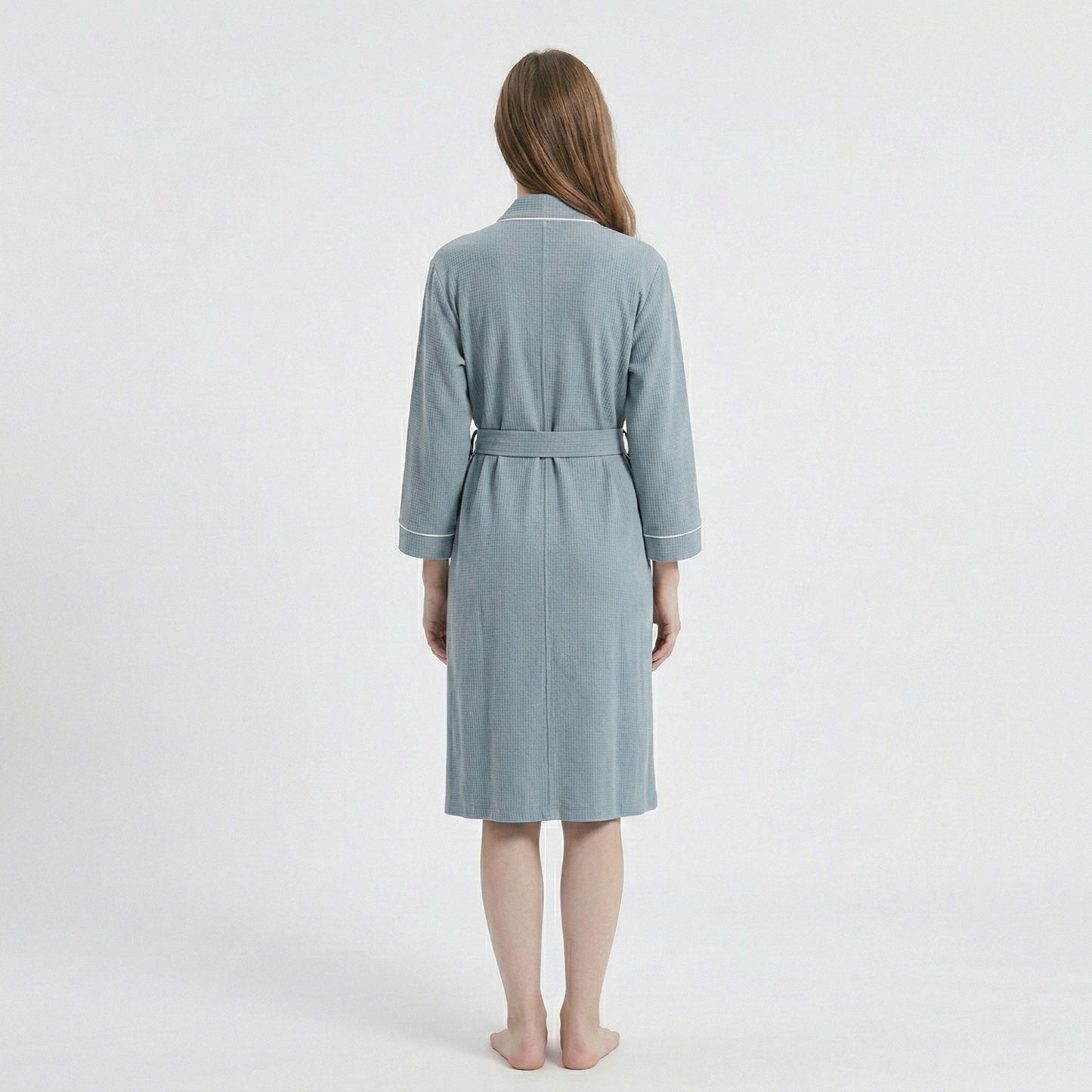 Waffle Knit Long Sleeve Bathrobe with Adjustable Waist Tie Belt and Front Patch Pockets