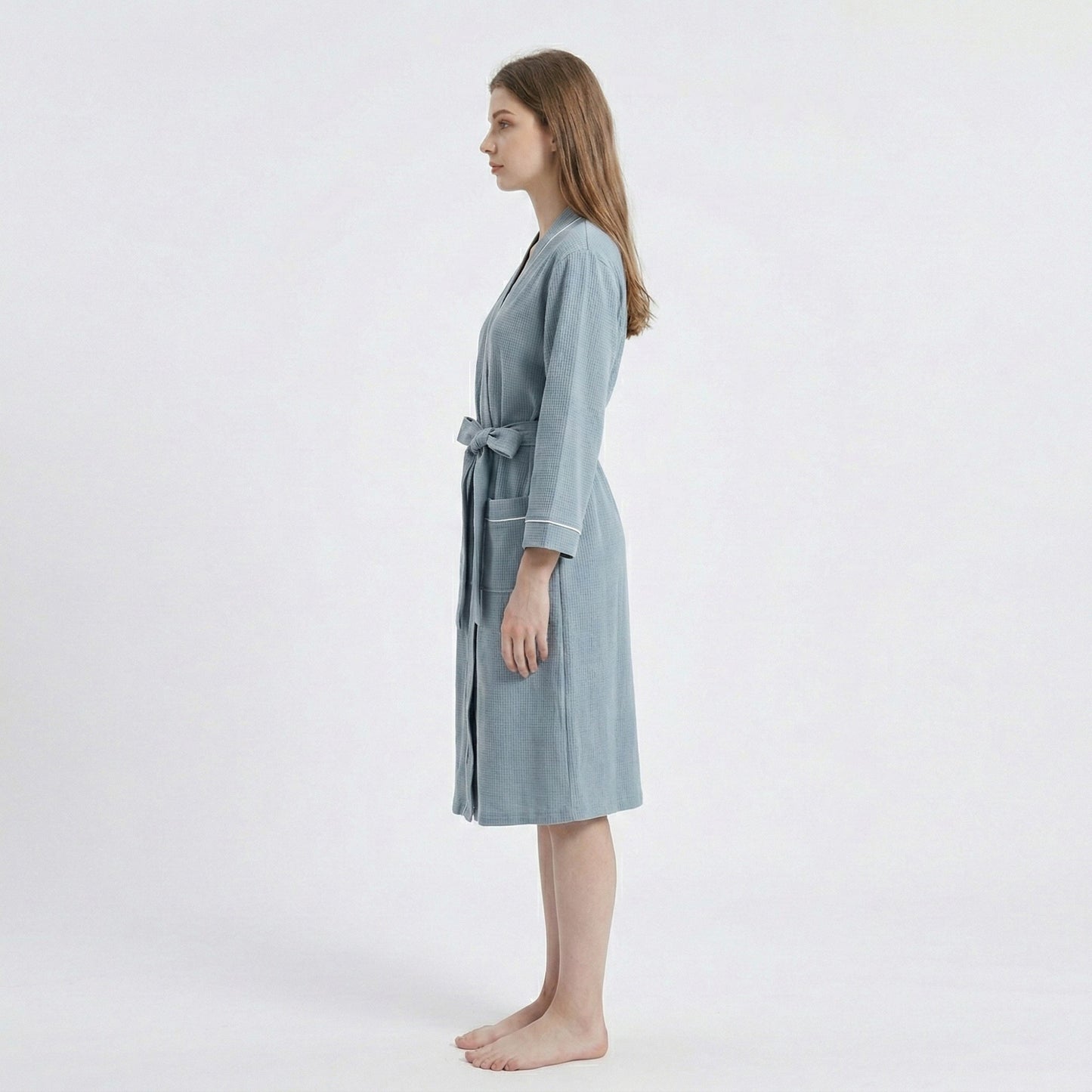 Waffle Knit Long Sleeve Bathrobe with Adjustable Waist Tie Belt and Front Patch Pockets