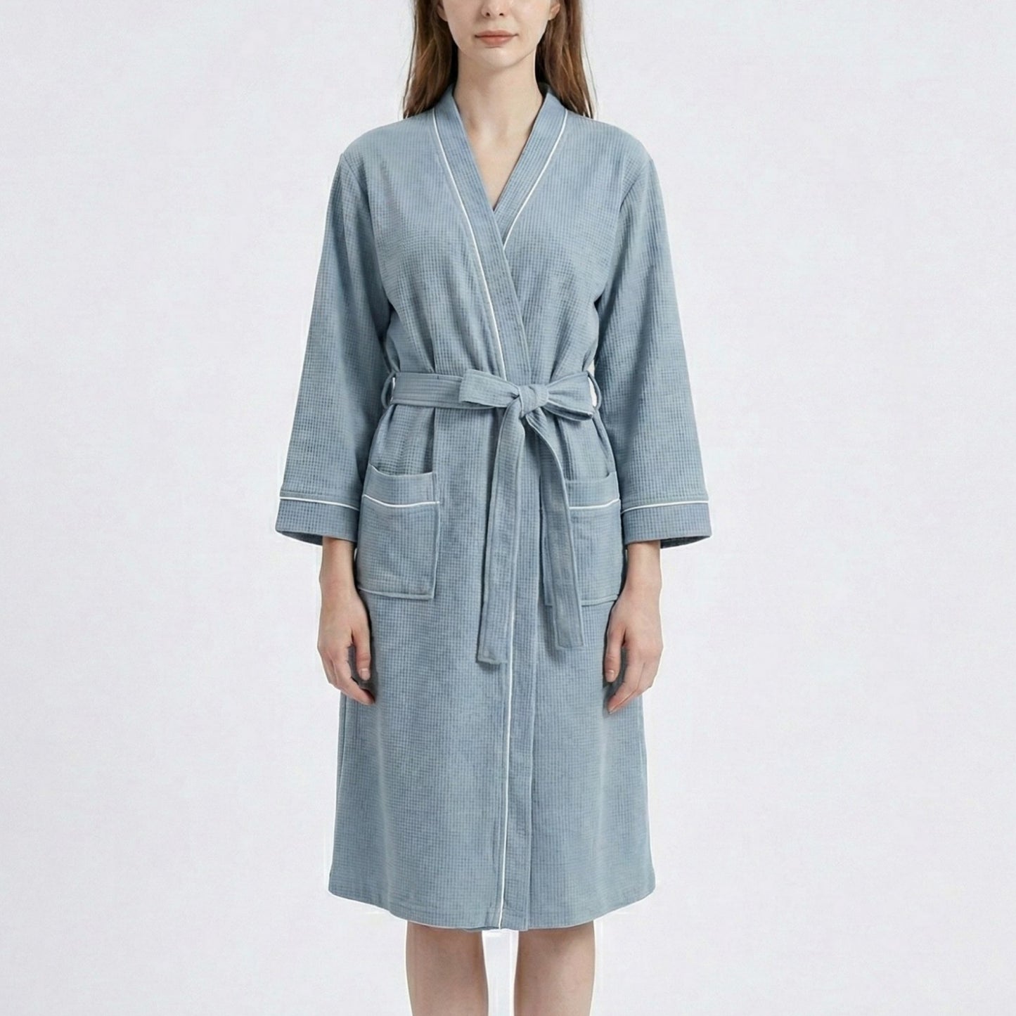 Waffle Knit Long Sleeve Bathrobe with Adjustable Waist Tie Belt and Front Patch Pockets
