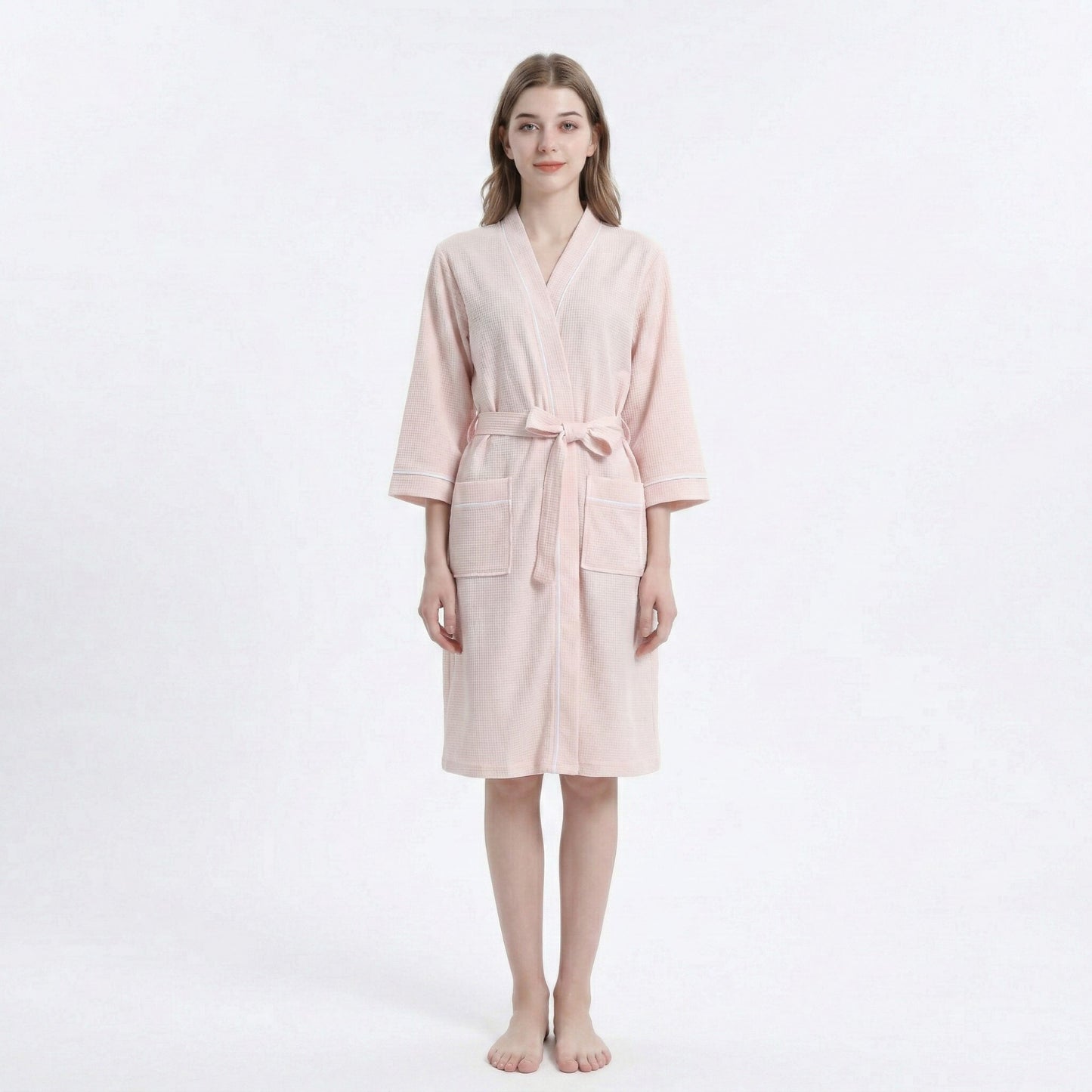 Waffle Knit Long Sleeve Bathrobe with Adjustable Waist Tie Belt and Front Patch Pockets