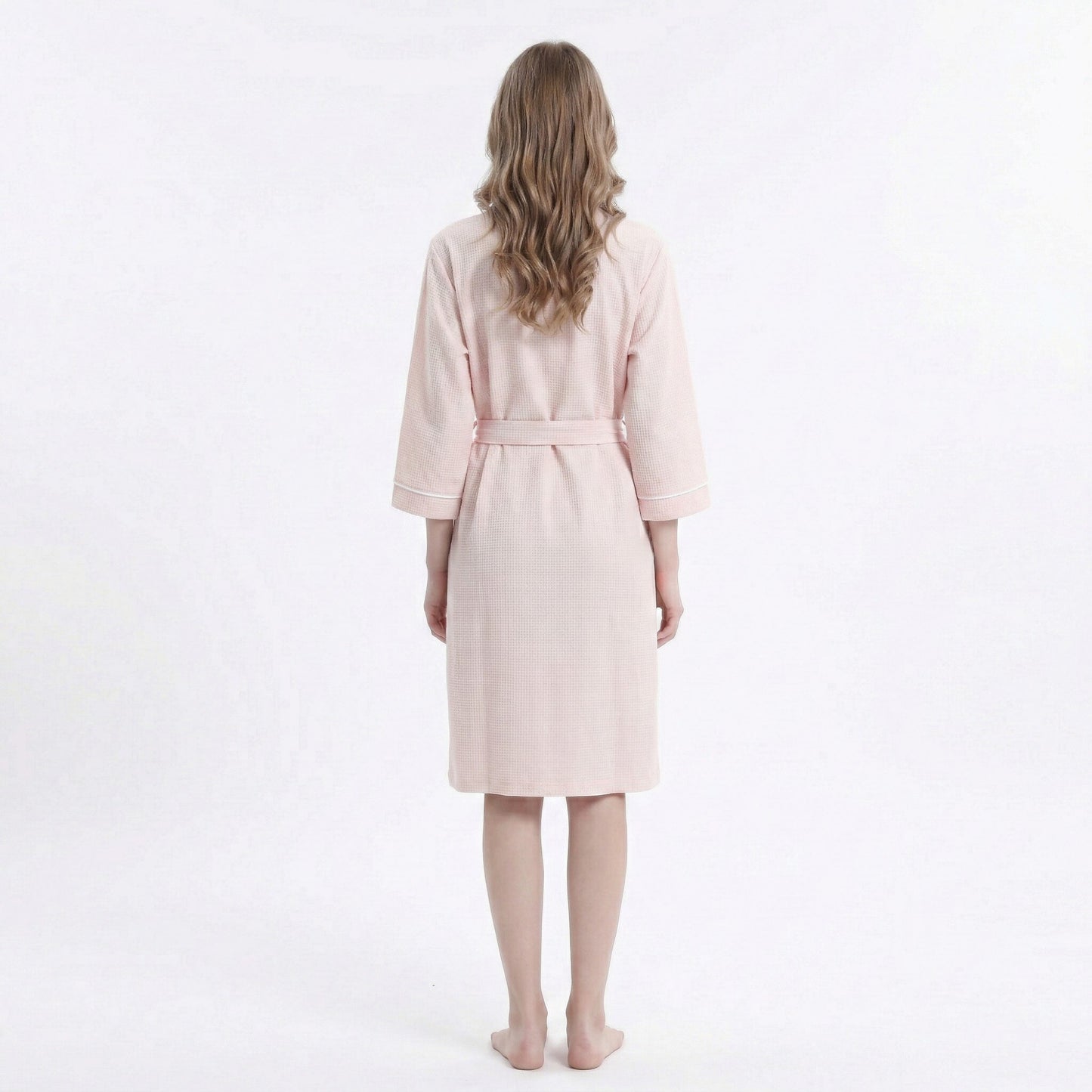 Waffle Knit Long Sleeve Bathrobe with Adjustable Waist Tie Belt and Front Patch Pockets