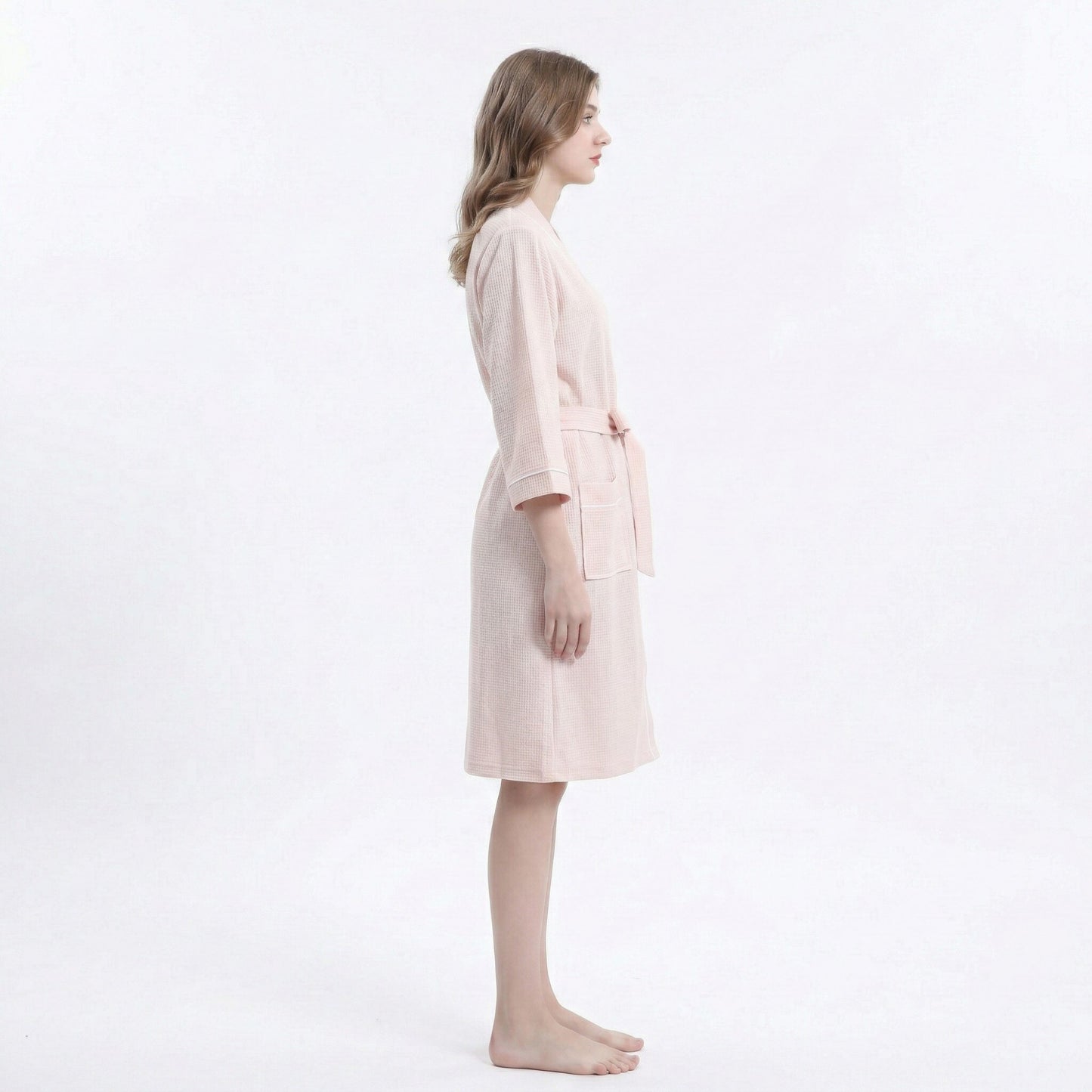 Waffle Knit Long Sleeve Bathrobe with Adjustable Waist Tie Belt and Front Patch Pockets