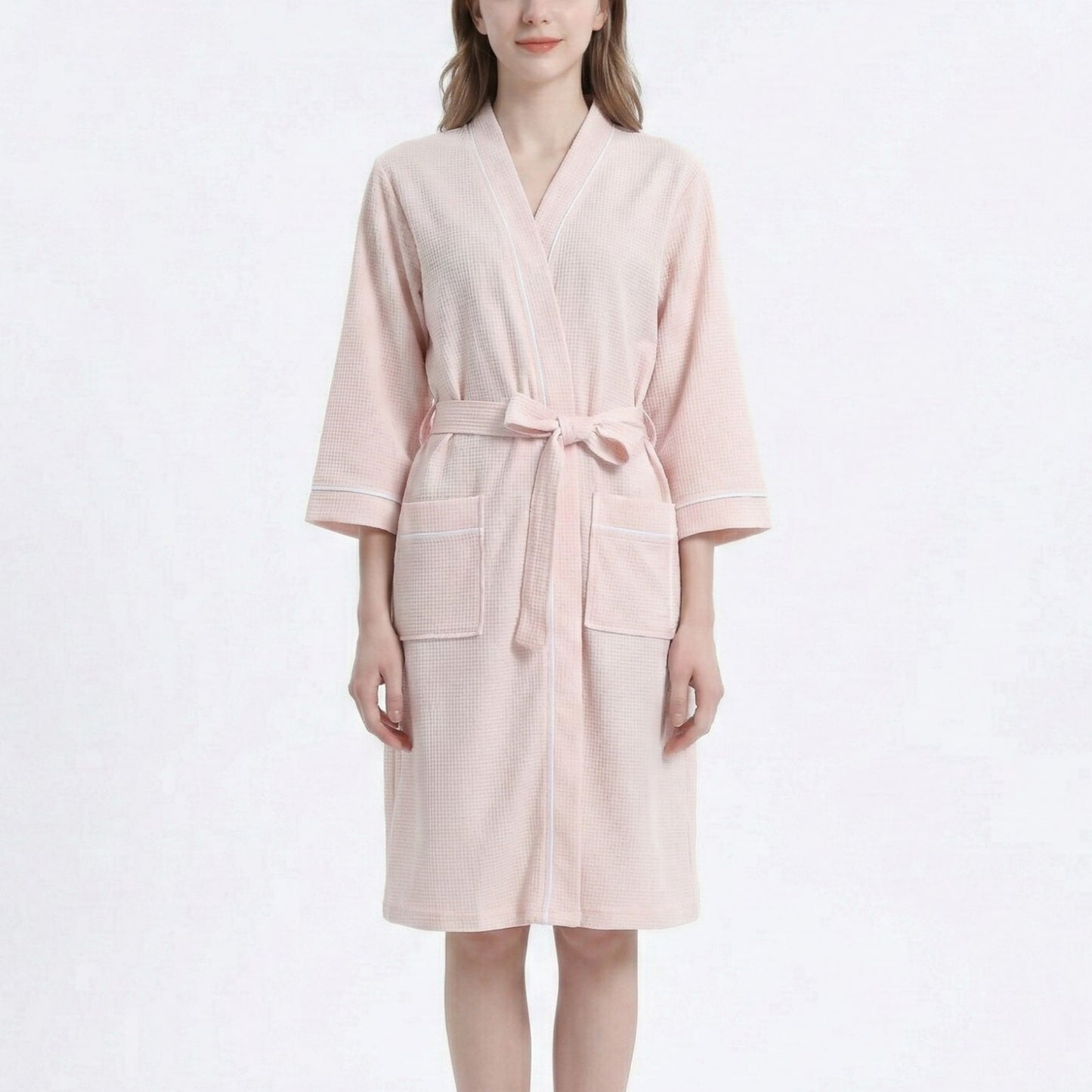 Waffle Knit Long Sleeve Bathrobe with Adjustable Waist Tie Belt and Front Patch Pockets