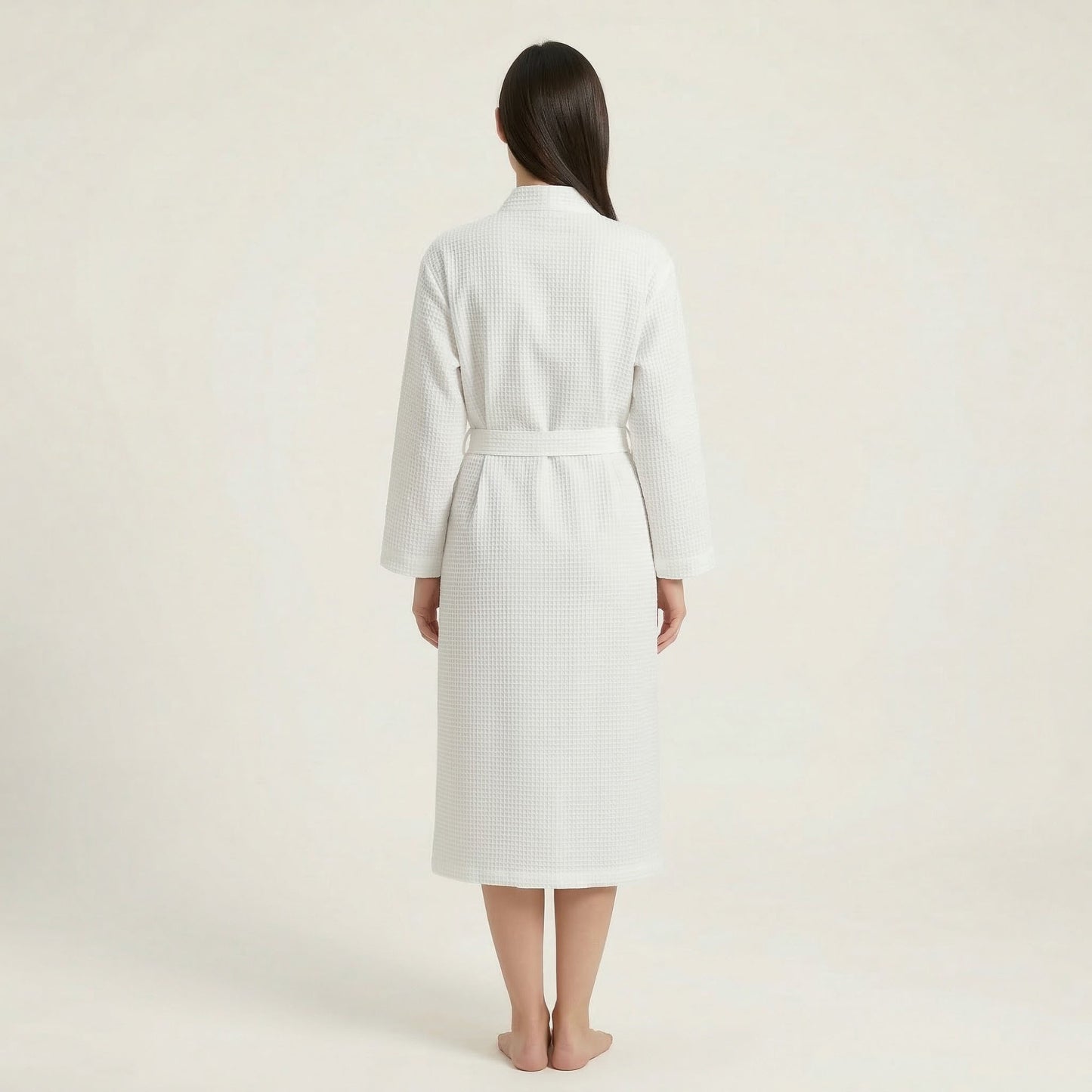 Waffle Knit Long Sleeve Bathrobe with Adjustable Waist Tie Belt and Front Patch Pockets