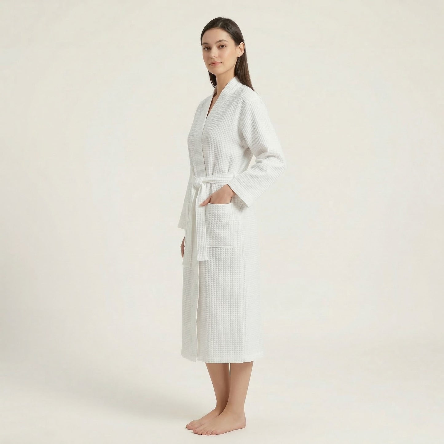 Waffle Knit Long Sleeve Bathrobe with Adjustable Waist Tie Belt and Front Patch Pockets