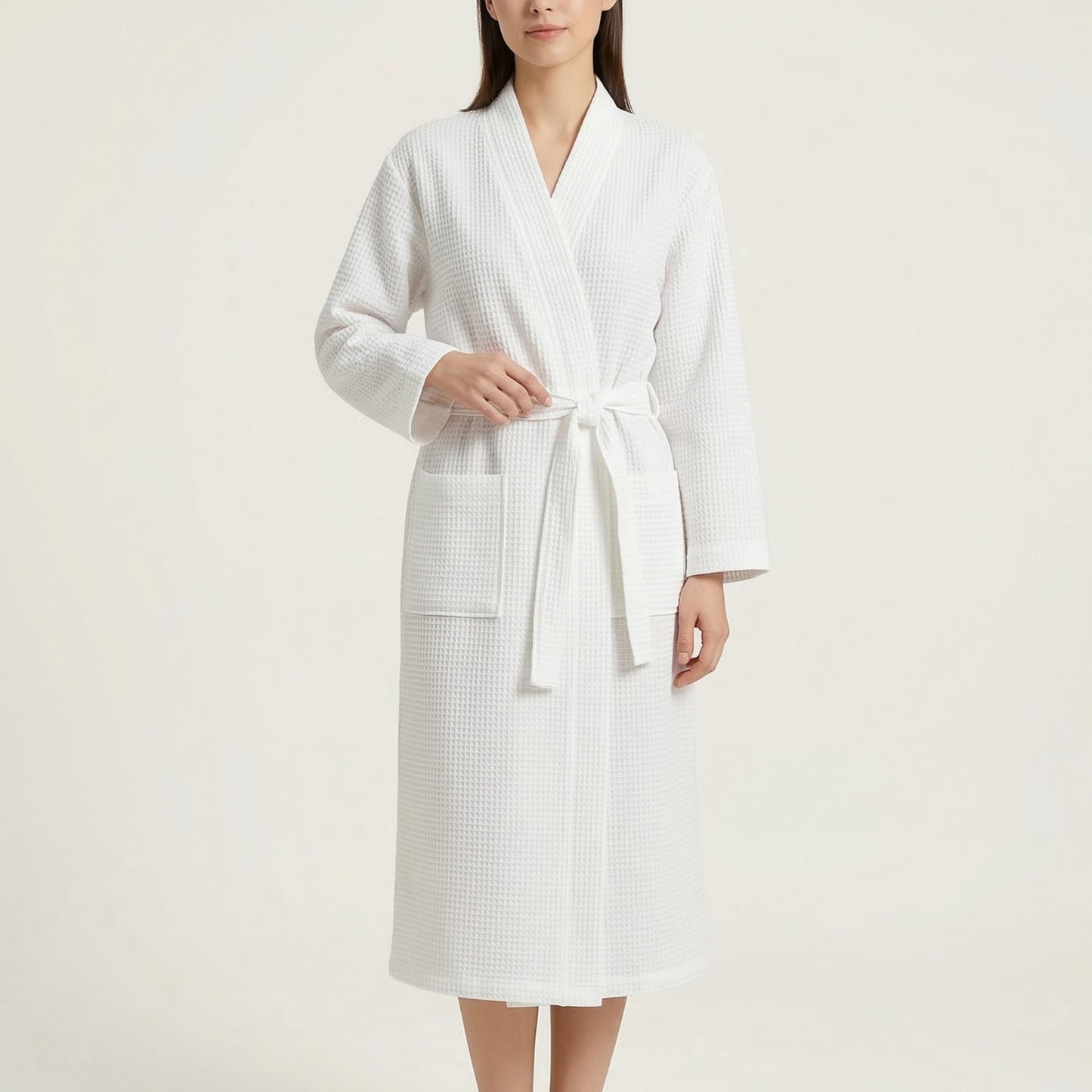 Waffle Knit Long Sleeve Bathrobe with Adjustable Waist Tie Belt and Front Patch Pockets