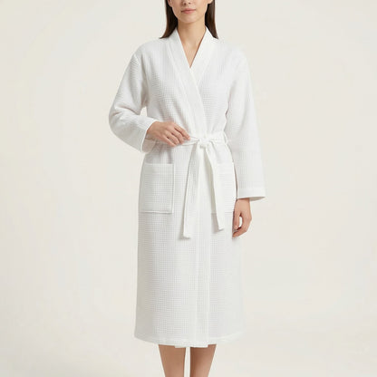 Waffle Knit Long Sleeve Bathrobe with Adjustable Waist Tie Belt and Front Patch Pockets