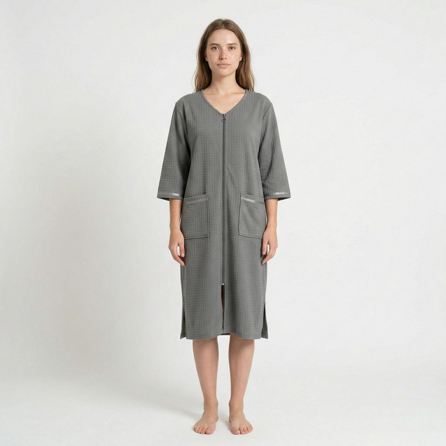 Textured Knit Zip Front Nightgown with V Neckline Three Quarter Sleeves Relaxed Fit