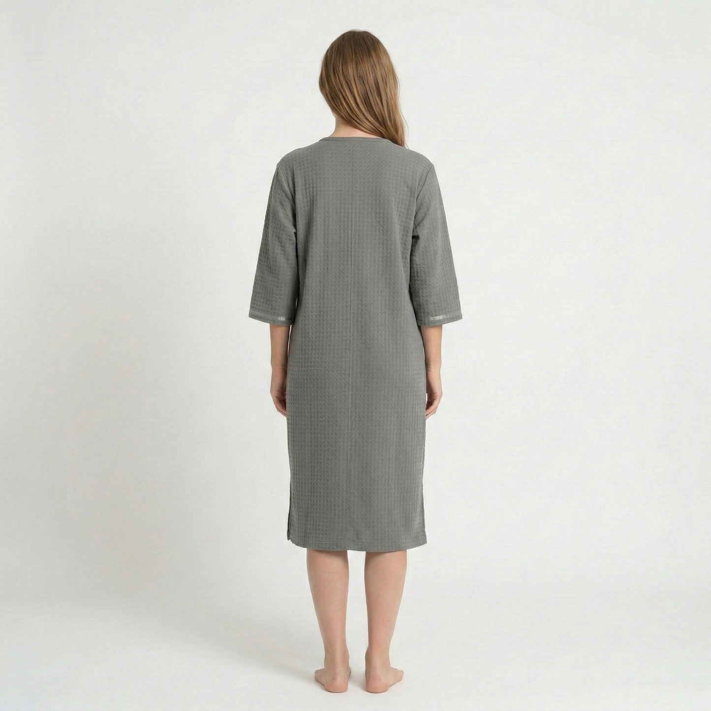 Textured Knit Zip Front Nightgown with V Neckline Three Quarter Sleeves Relaxed Fit