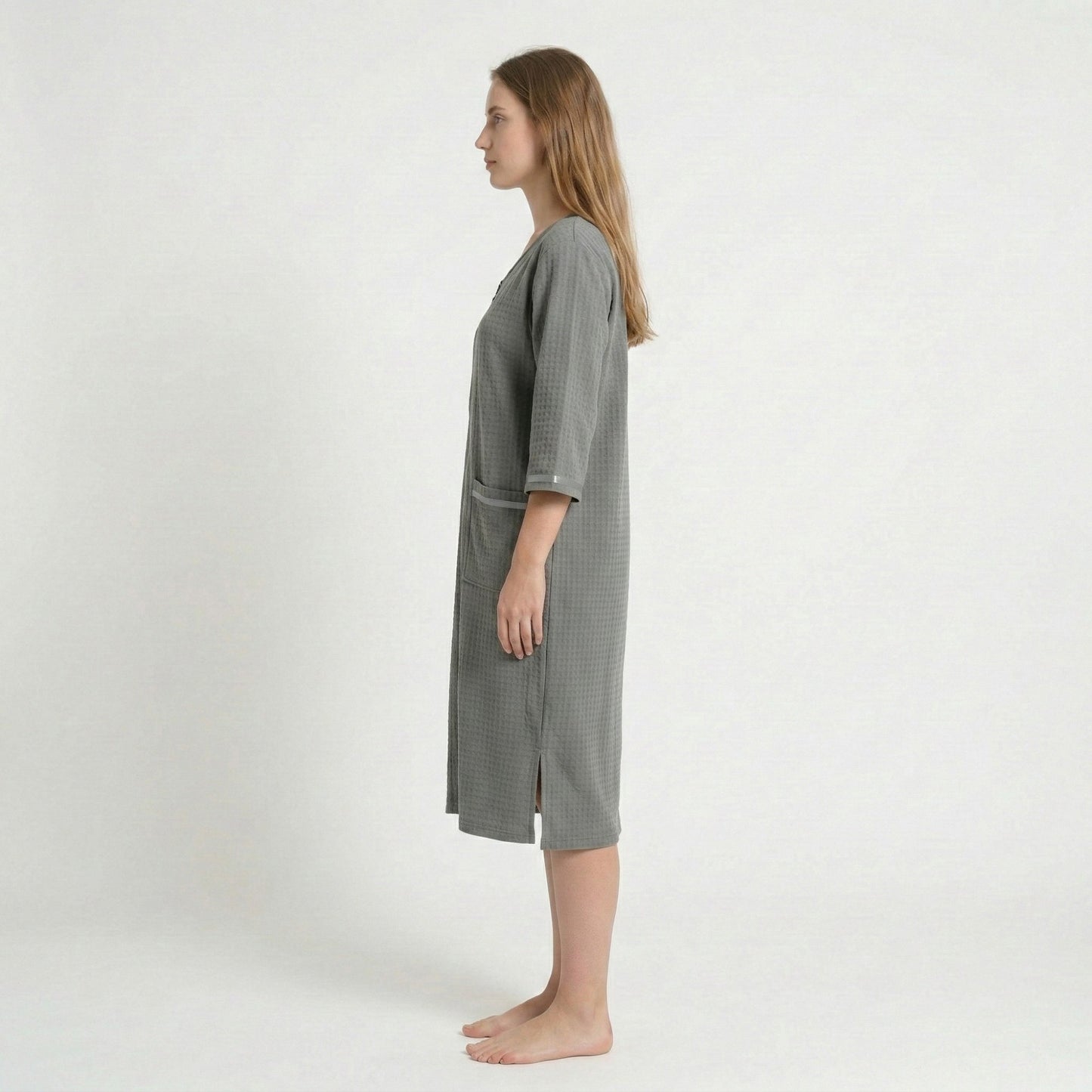 Textured Knit Zip Front Nightgown with V Neckline Three Quarter Sleeves Relaxed Fit