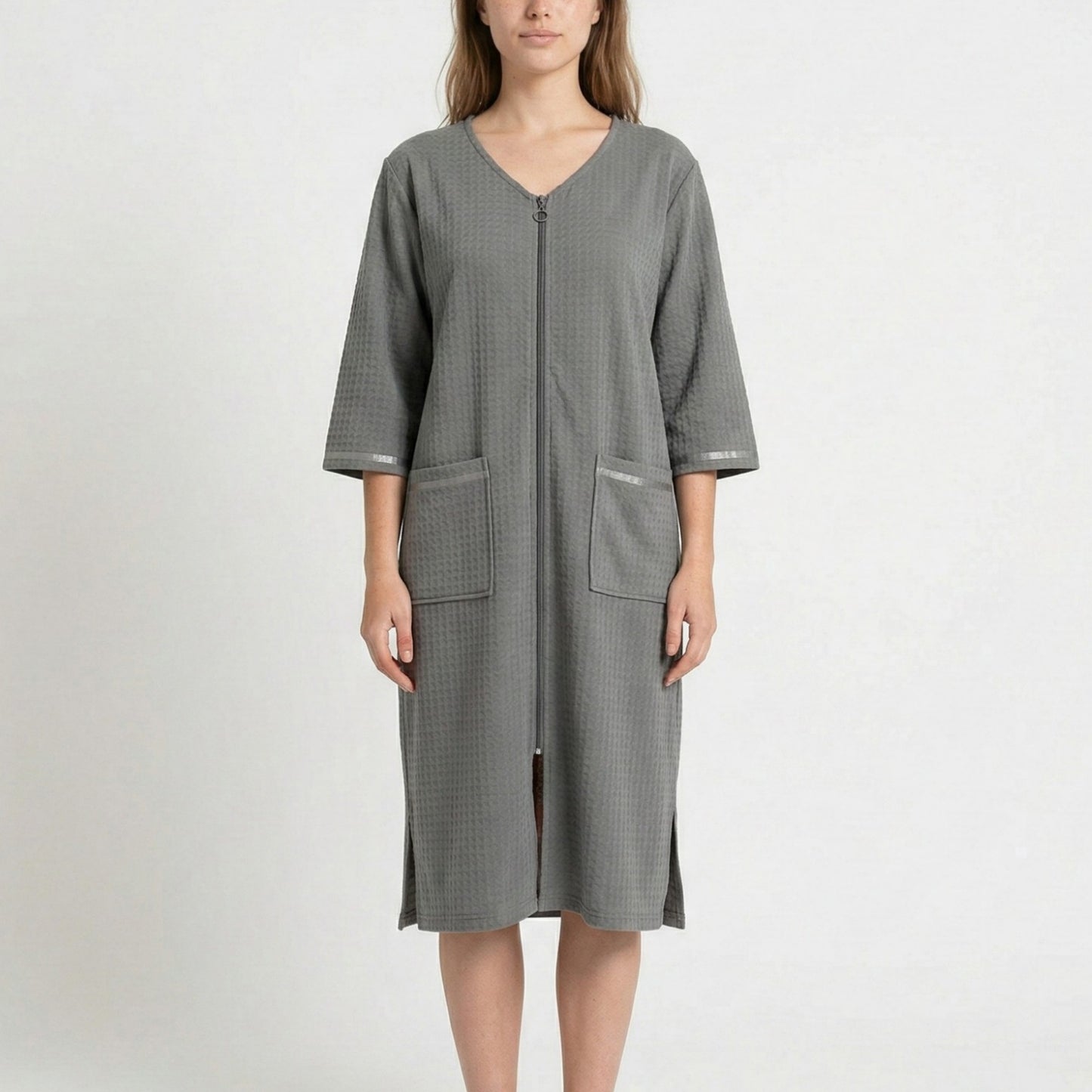 Textured Knit Zip Front Nightgown with V Neckline Three Quarter Sleeves Relaxed Fit