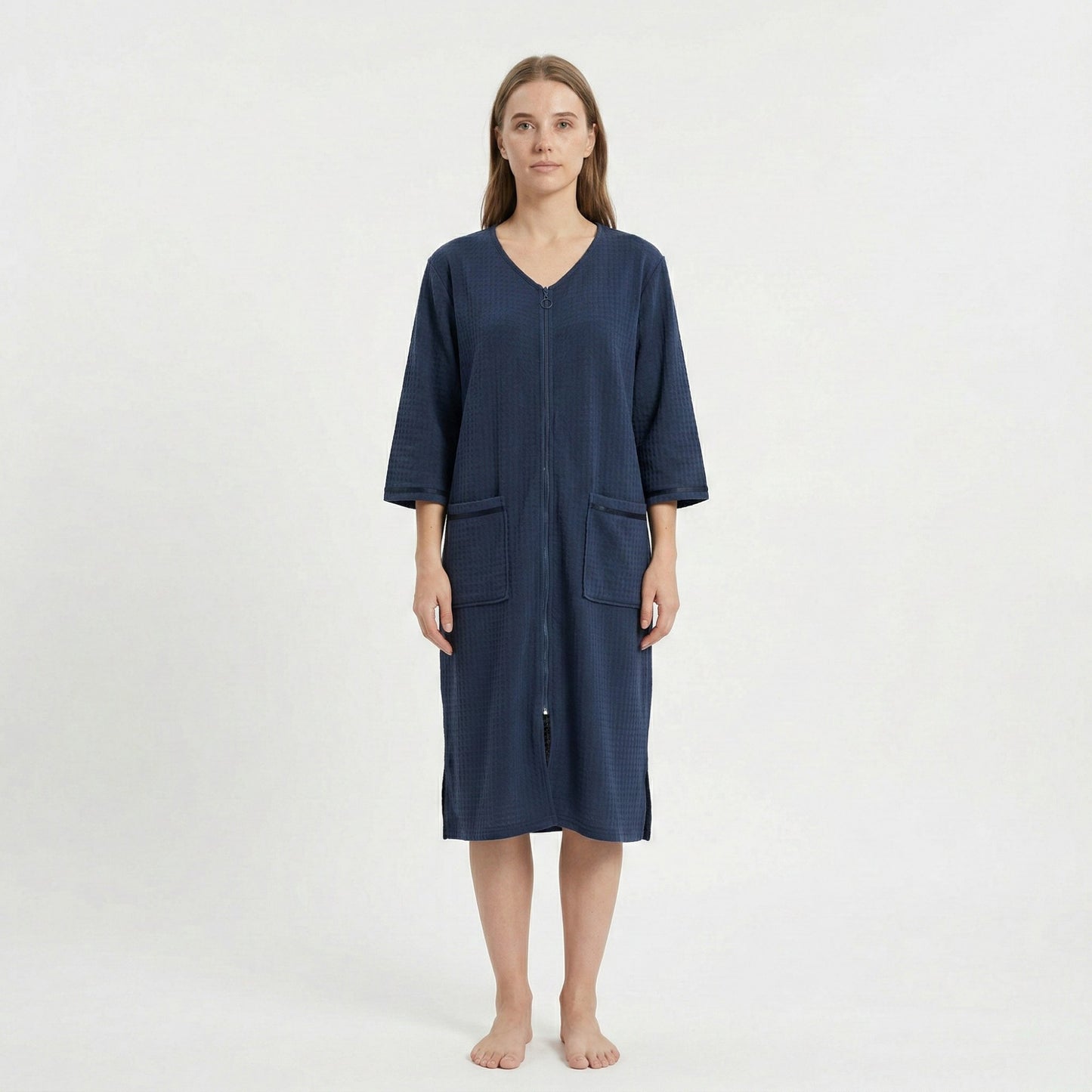 Textured Knit Zip Front Nightgown with V Neckline Three Quarter Sleeves Relaxed Fit