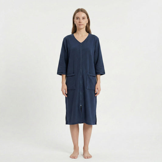 Textured Knit Zip Front Nightgown with V Neckline Three Quarter Sleeves Relaxed Fit