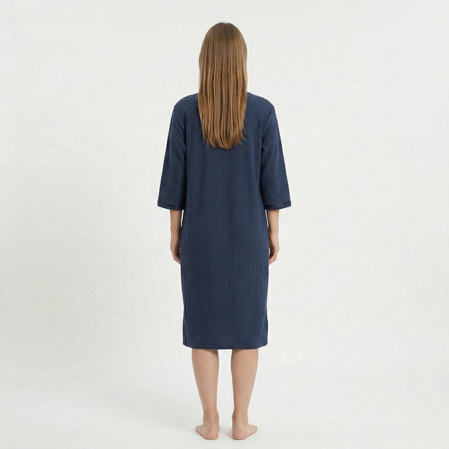 Textured Knit Zip Front Nightgown with V Neckline Three Quarter Sleeves Relaxed Fit
