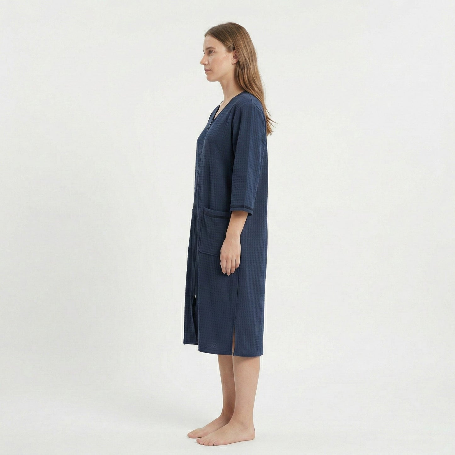 Textured Knit Zip Front Nightgown with V Neckline Three Quarter Sleeves Relaxed Fit