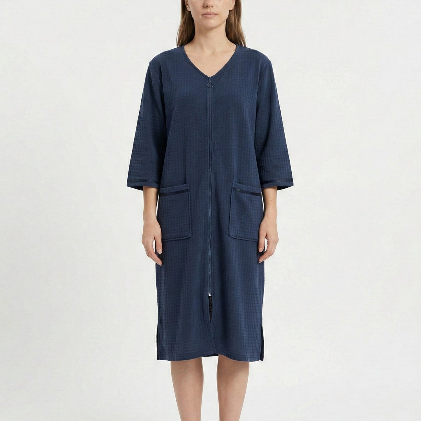 Textured Knit Zip Front Nightgown with V Neckline Three Quarter Sleeves Relaxed Fit