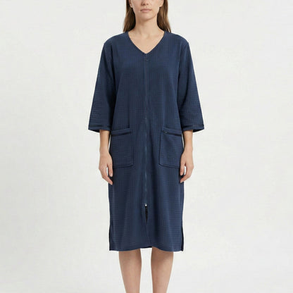 Textured Knit Zip Front Nightgown with V Neckline Three Quarter Sleeves Relaxed Fit