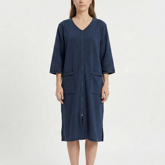 Textured Knit Zip Front Nightgown with V Neckline Three Quarter Sleeves Relaxed Fit
