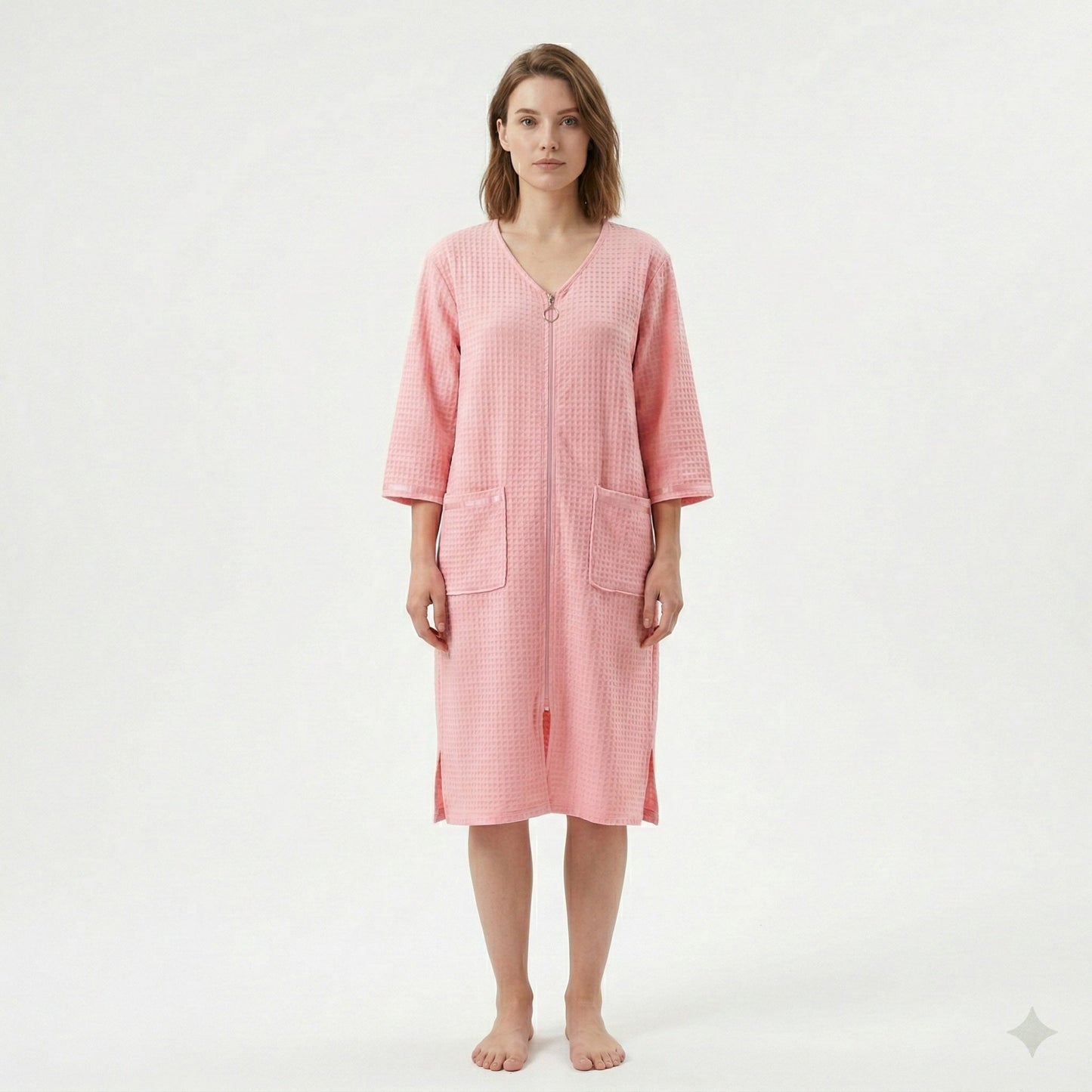 Textured Knit Zip Front Nightgown with V Neckline Three Quarter Sleeves Relaxed Fit