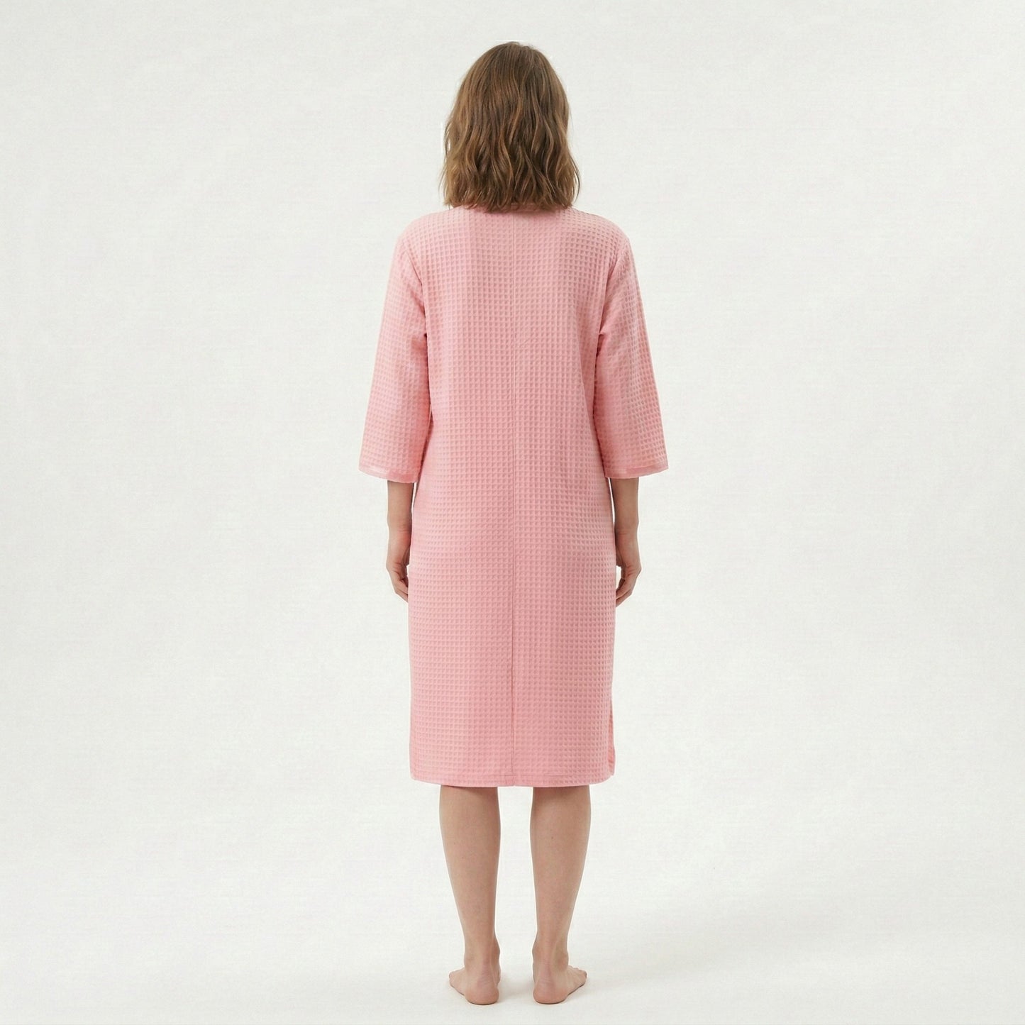 Textured Knit Zip Front Nightgown with V Neckline Three Quarter Sleeves Relaxed Fit