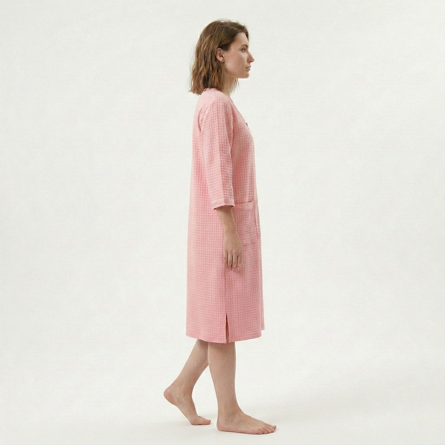 Textured Knit Zip Front Nightgown with V Neckline Three Quarter Sleeves Relaxed Fit