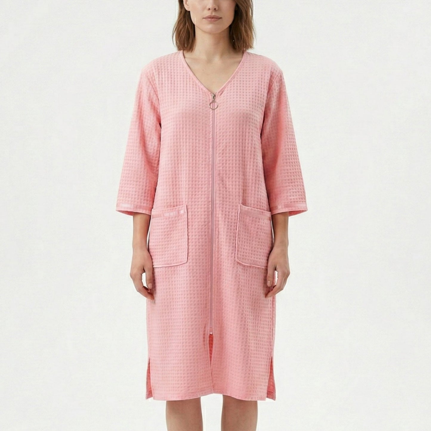 Textured Knit Zip Front Nightgown with V Neckline Three Quarter Sleeves Relaxed Fit