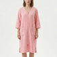 Textured Knit Zip Front Nightgown with V Neckline Three Quarter Sleeves Relaxed Fit