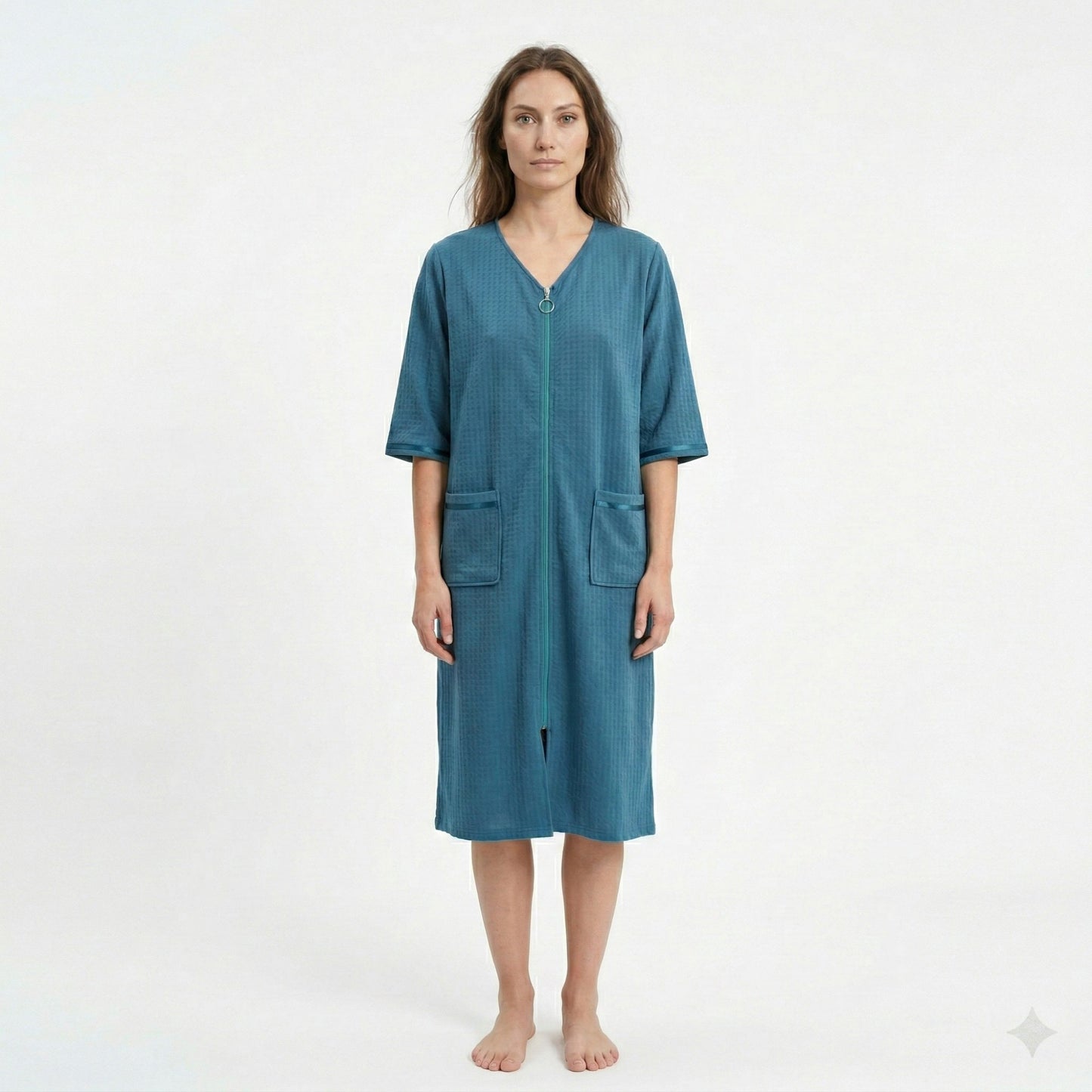 Textured Knit Zip Front Nightgown with V Neckline Three Quarter Sleeves Relaxed Fit