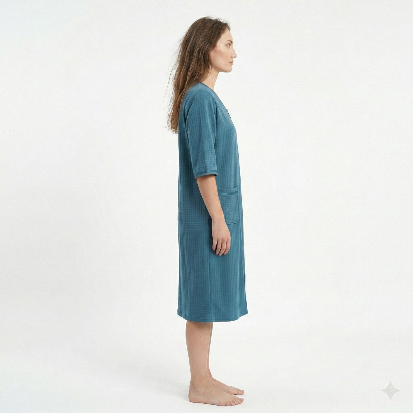 Textured Knit Zip Front Nightgown with V Neckline Three Quarter Sleeves Relaxed Fit