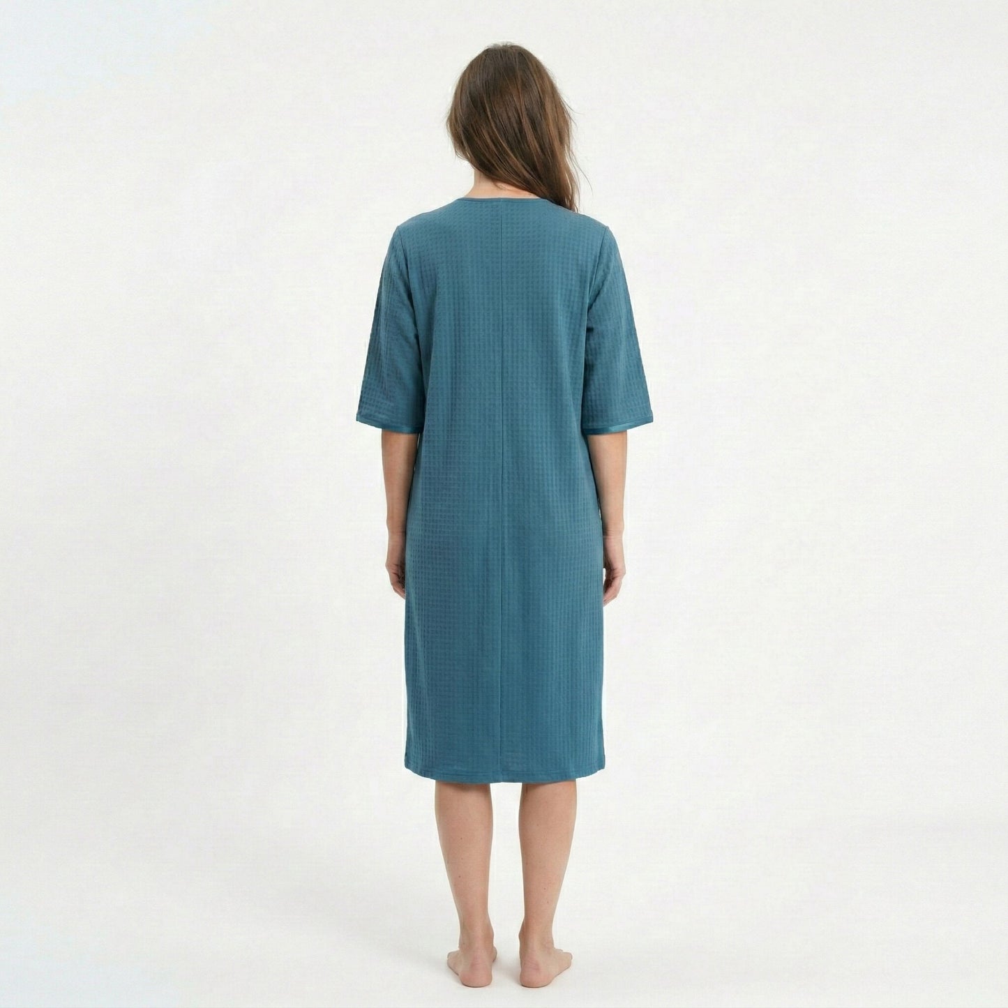 Textured Knit Zip Front Nightgown with V Neckline Three Quarter Sleeves Relaxed Fit