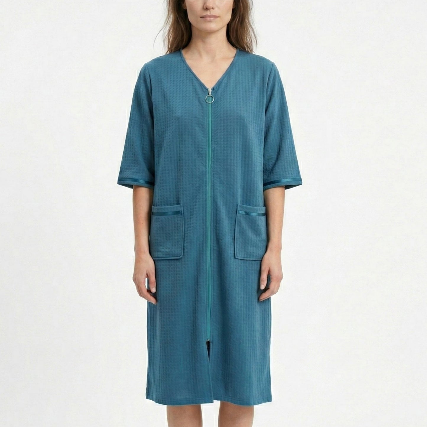 Textured Knit Zip Front Nightgown with V Neckline Three Quarter Sleeves Relaxed Fit