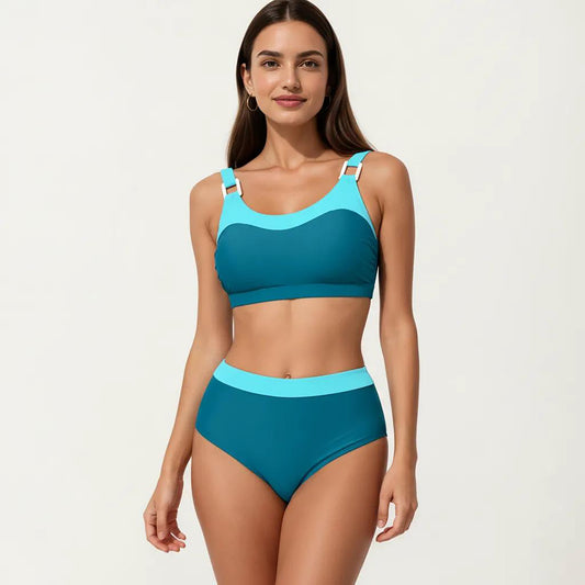 2-Piece Set Color Block Bikini Top with High Waisted Bottom Swim Set