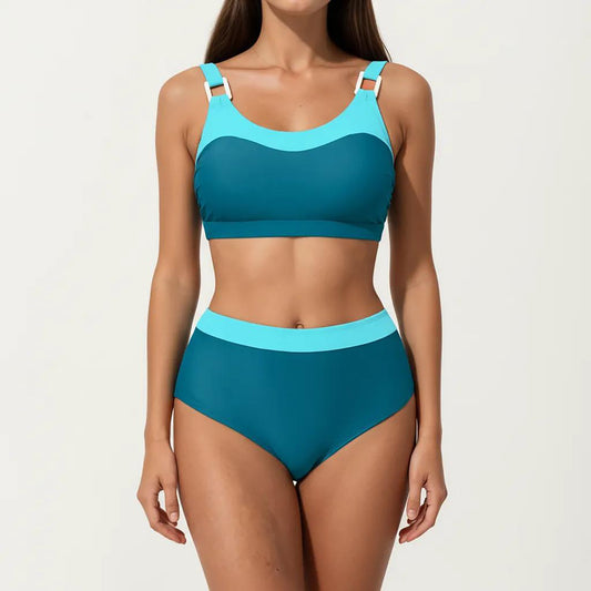 2-Piece Set Color Block Bikini Top with High Waisted Bottom Swim Set