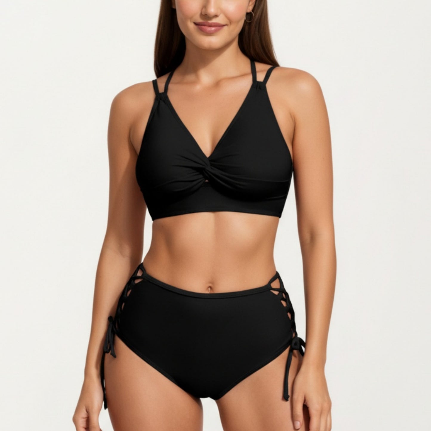 2-Piece Set Twist Front Bikini Top with Lace Up High Waisted Bottom